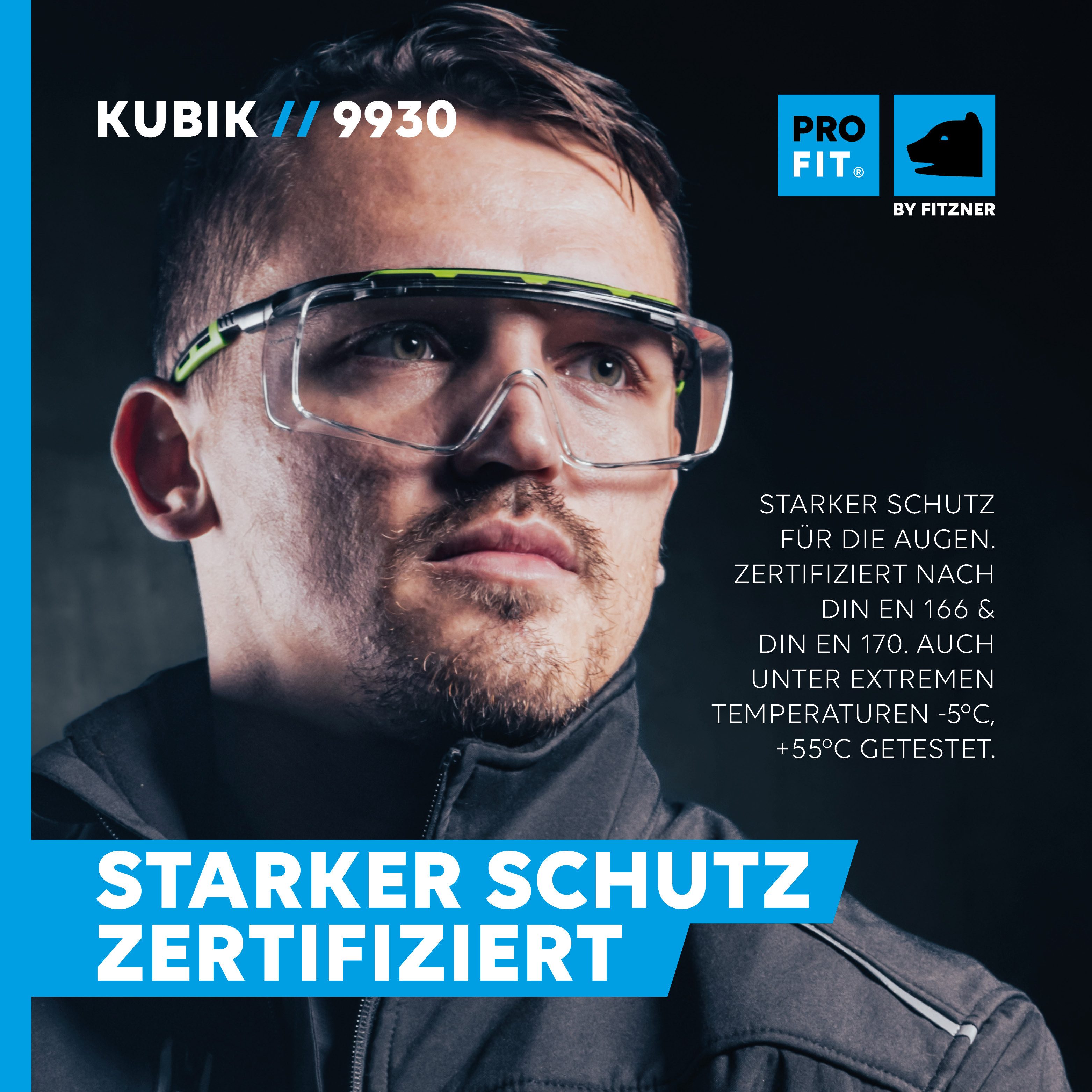 PRO FIT Arbeitsschutzbrille mit großer & klarer Scheibe, für Brillenträger - Schwarz/Grün, Kratzfest & Beschlagfrei, UV-Schutz