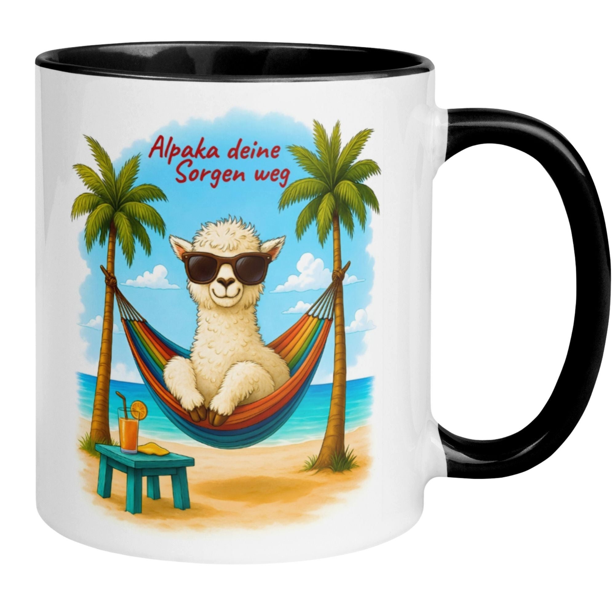 Momentals Tasse Alpaka – „Alpaka deine Sorgen weg“ – lustiger Geschenk Becher Strand, Gratis Versand · Links-&Rechtshänder · Spülmaschinenfest