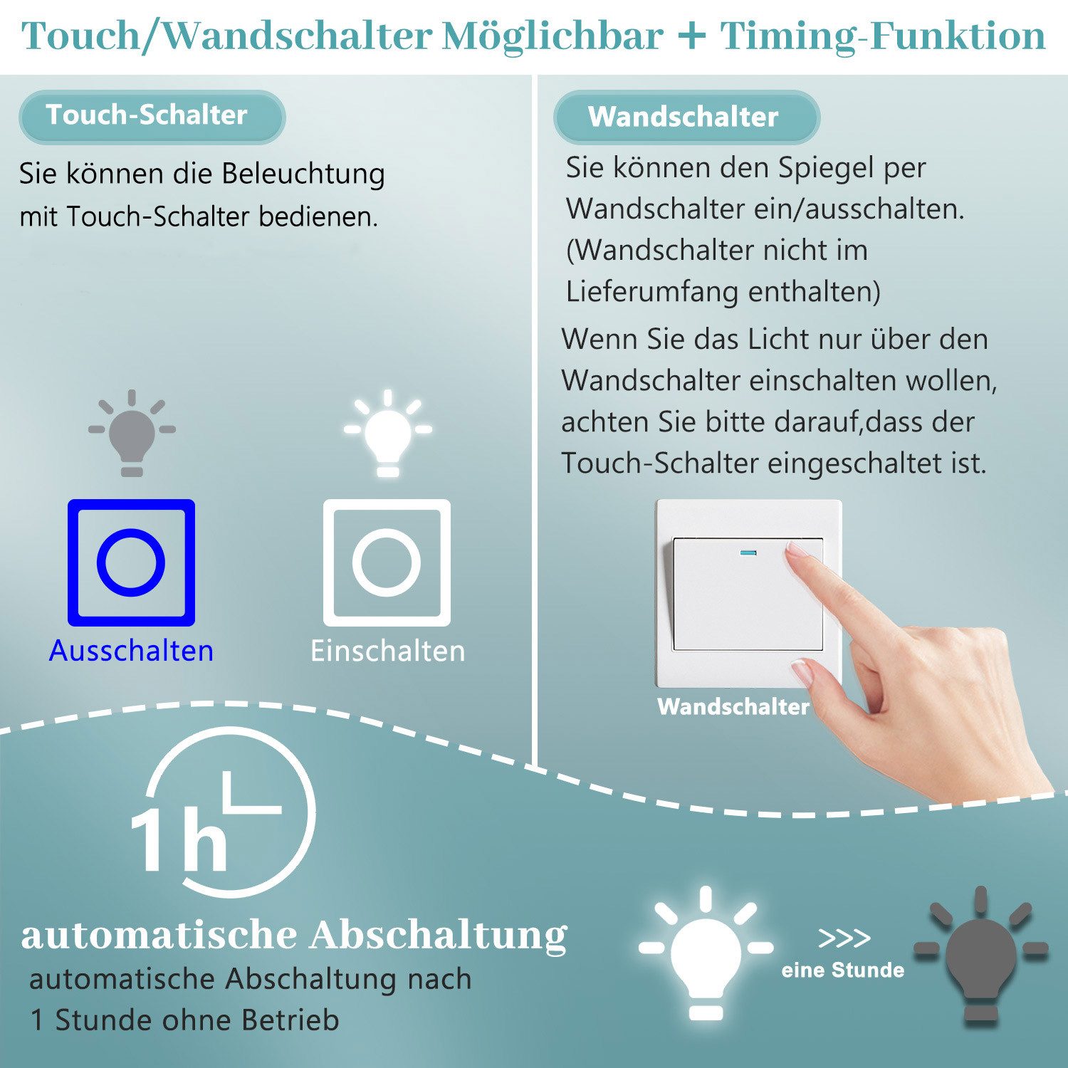 Aica Sanitär Badspiegel Wandspiegel mit LED-Hinterleuchtung Kaltweiß Dimmbar, Touch/Wandschalter – Bild 5 von 5