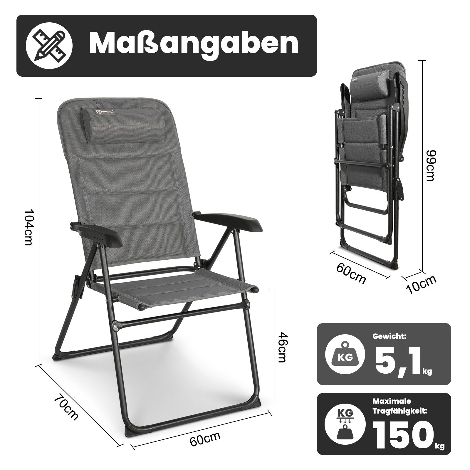 HOMECALL Campingstuhl Gartenstuhl Anglerstuhl Faltsessel Klappstuhl für Wohnwagen Outdoors (Textilene gepolstert mit Quick-Dry-Schaum, 1 St), 5 fach Verstellbarer Rückenlehne, Hochlehner, bis 150 kg