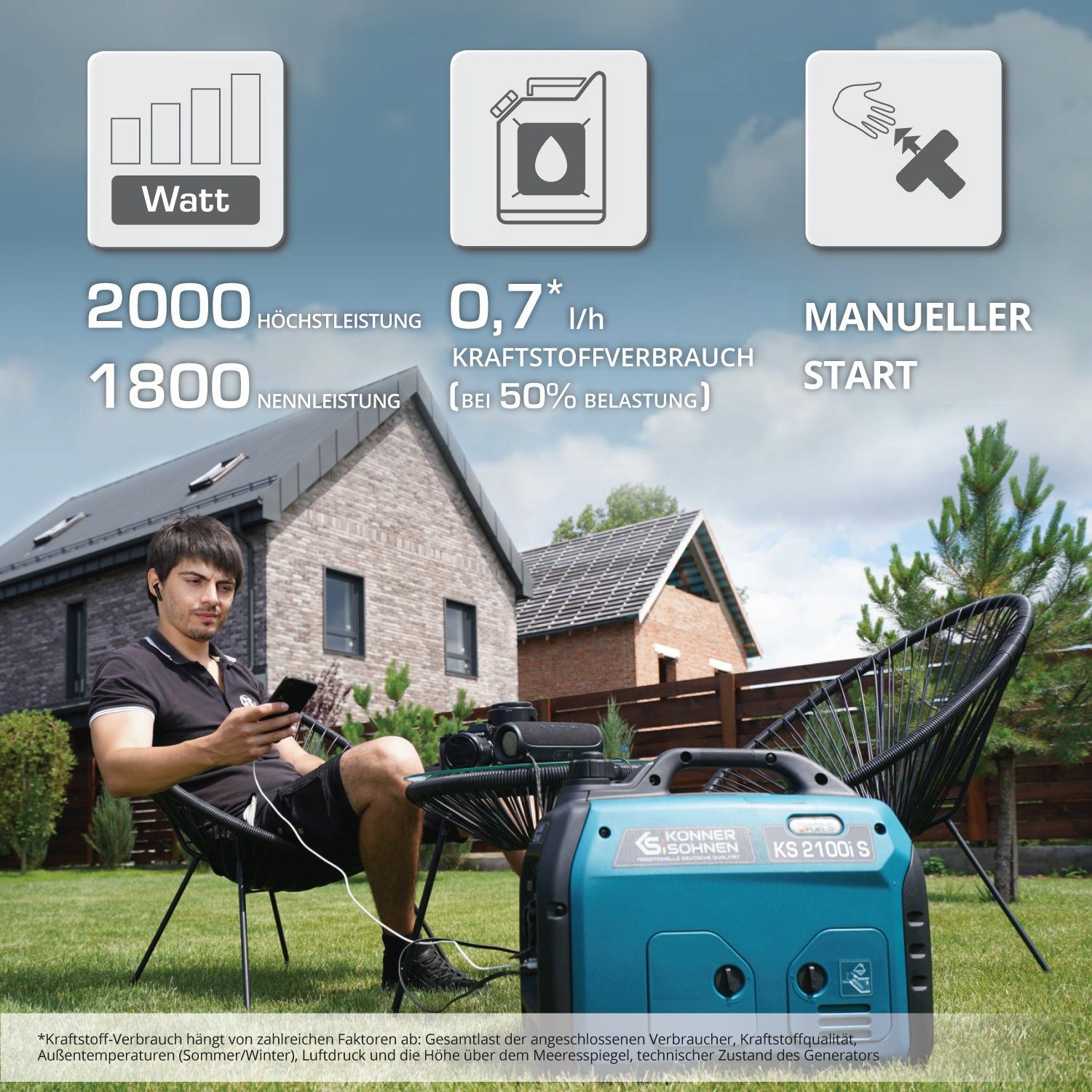 Könner & Söhnen Stromerzeuger KS 2100i S, 2,00 in kW, (Superleiser Benzin-Inverter-Generator mit USB-Anschluss, 1-tlg., 2.0 kW, 62 dB(A), ECO-Modus, Ideal für Camping & Outdoor), Reine Sinuswelle, 2x USB, 18.5 kg, Parallelschaltung, Leise