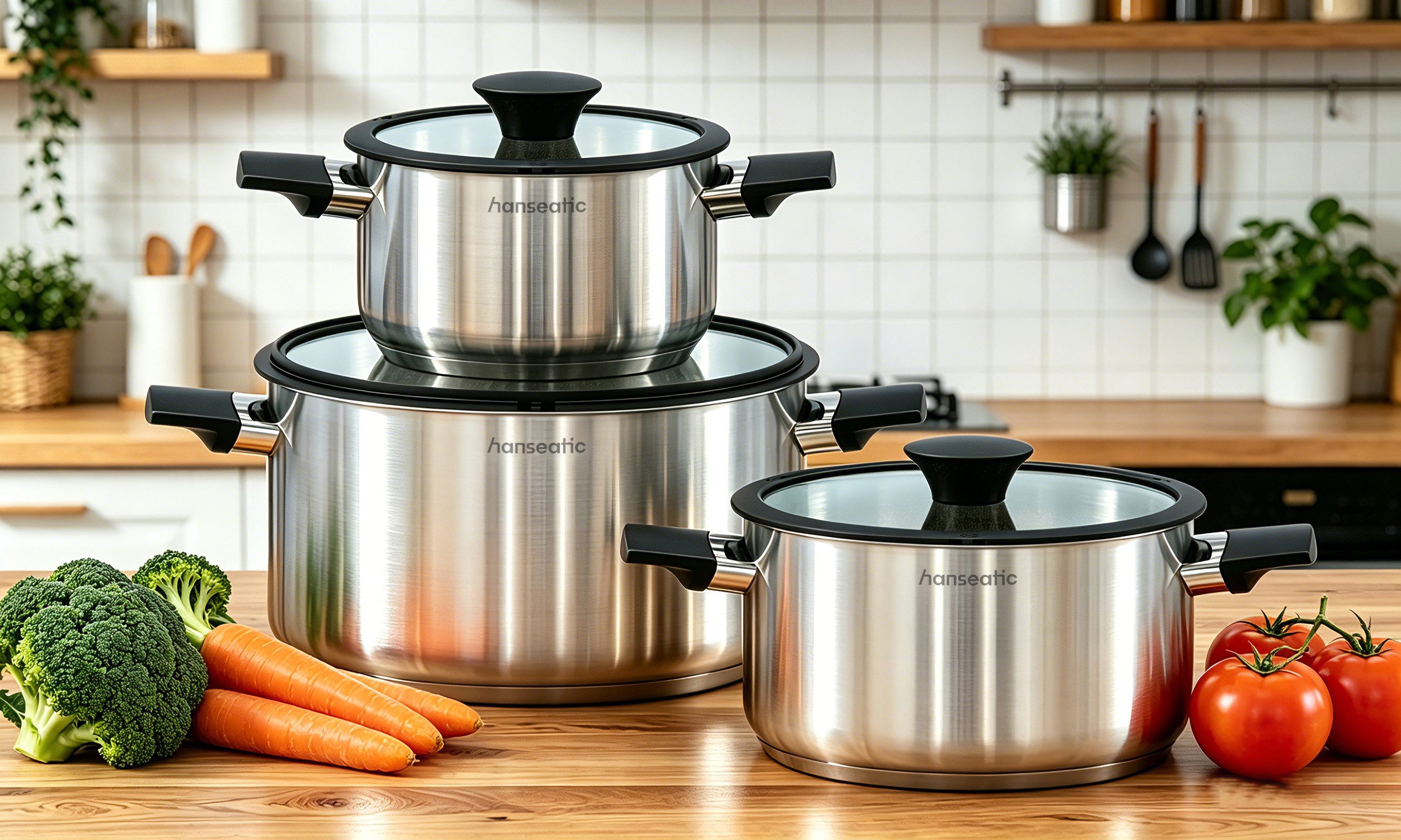 Hanseatic Topf-Set SMART, Edelstahl 18/10 (Set, 6-tlg., Kochtopf 16/20/24 cm), für alle Herdarten geeignet, unbeschichtet
