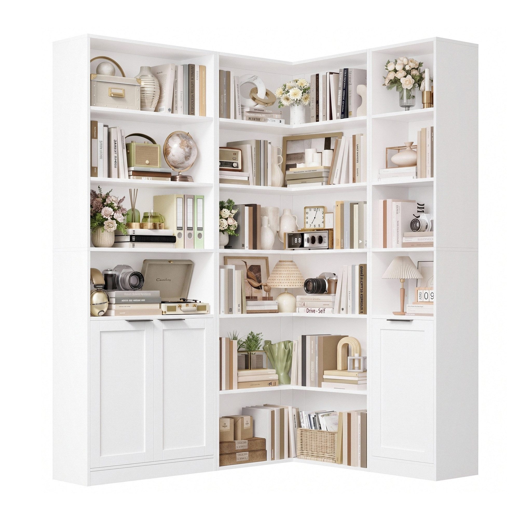 Homfa Bücherregal Eckregal Bücherschrank mit Türen Regalsystem 3 PCS, Bücherregal-Set, Eckschrank für Wohnzimmer Büro, 127x95x186,4 cm, weiß