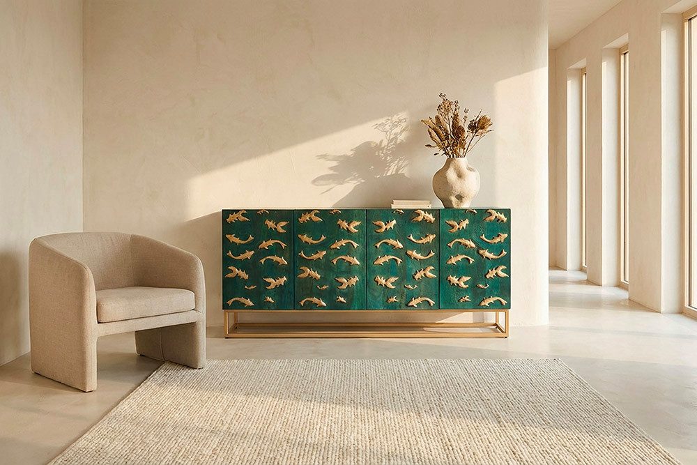 riess-ambiente Sideboard GOLDEN LAGOON 180cm türkis/gold- Mangoholz, Metall, 3D-Front, Stauraum (Einzelartikel, 1 St), Organizer Kommode - ideal für Flur, Wohn- & Schlafzimmer od. Fernseher