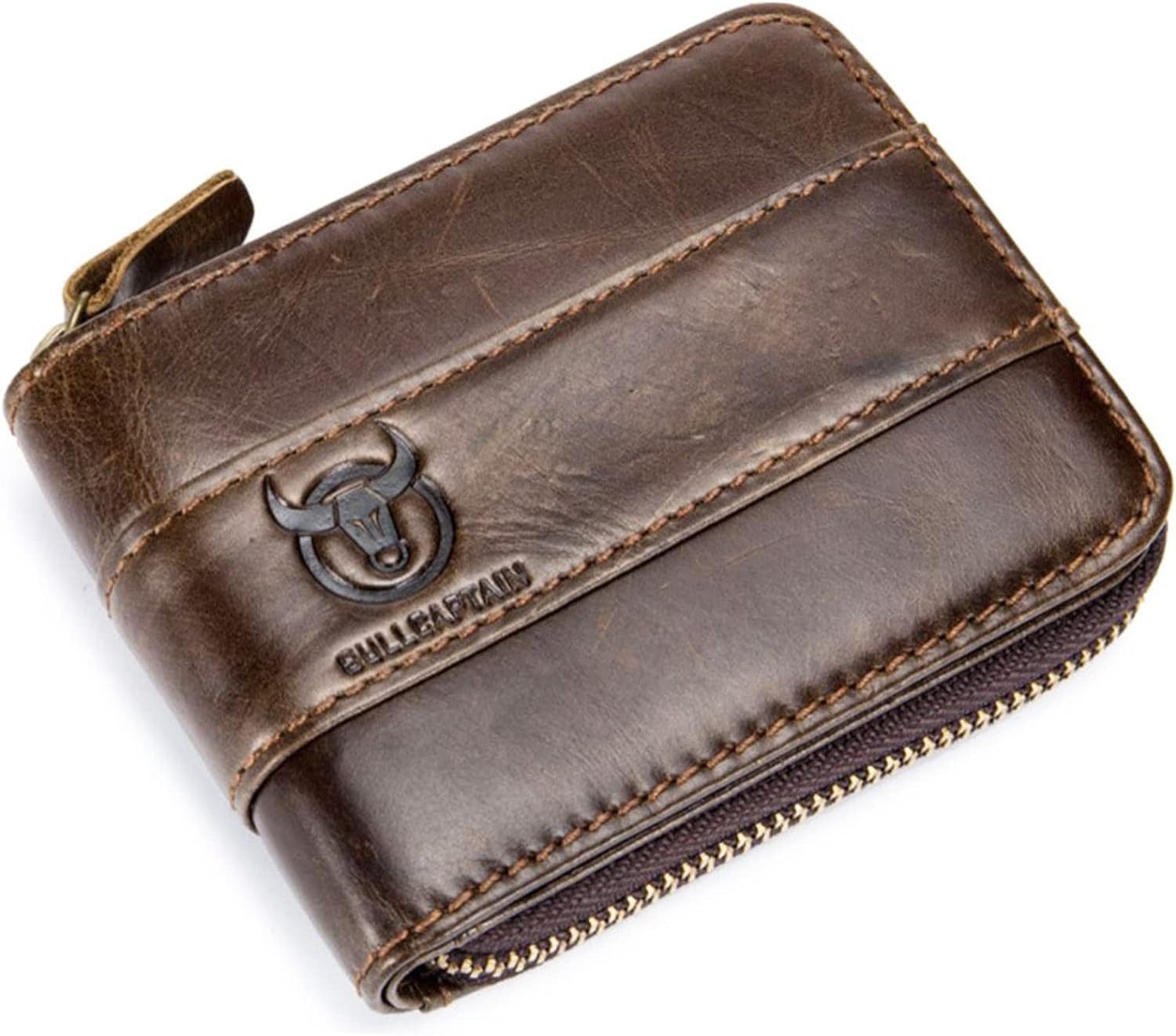 HEYHIPPO Brieftasche RFID-blockierend, echtes Leder,Geschenkpaket (Reißverschluss, Vintage, 13 Kartenfächer, mit Ausweisfenster), 12,5 cm x 9,5 cm x 2,5 cm, Geschenk für Männer