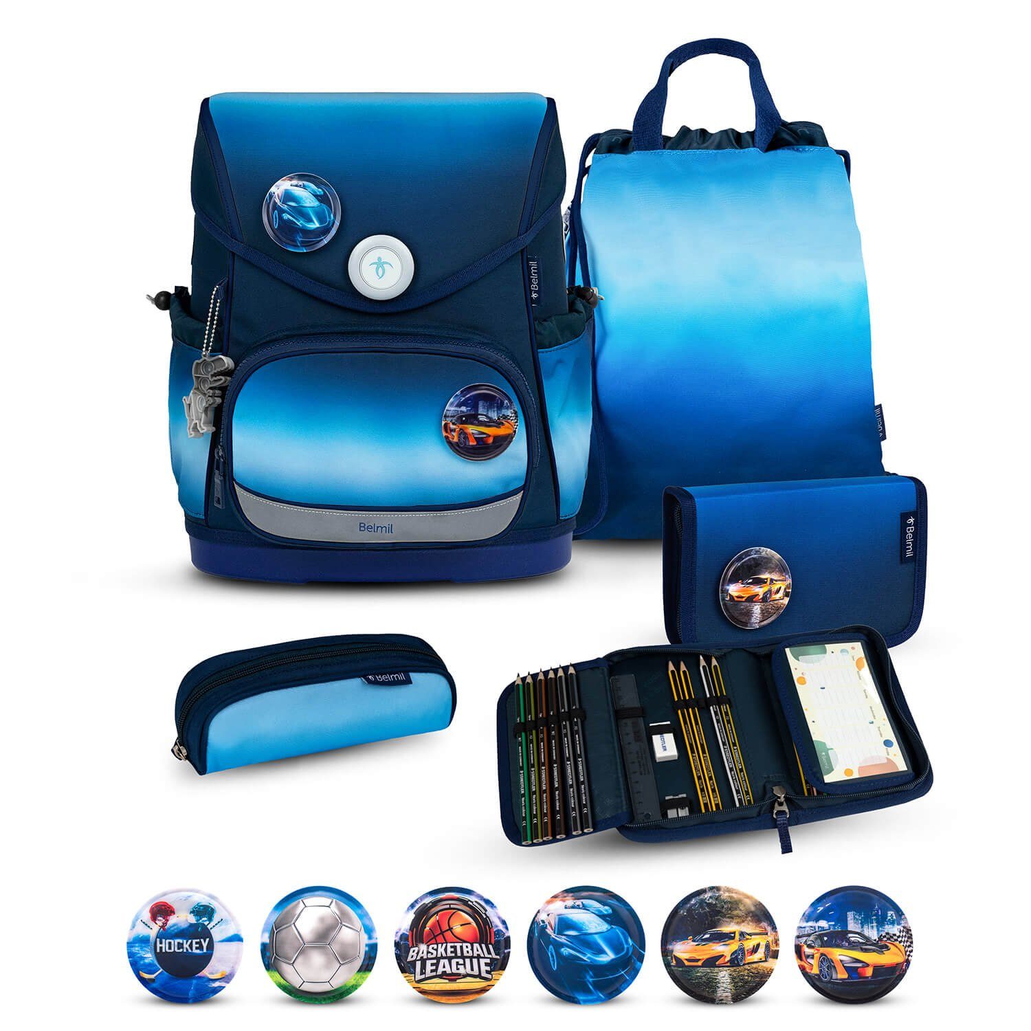 Belmil Rucksack Rucksack Compact Plus Premium Schulranzen Set 5-teile Blue Navy Tasche