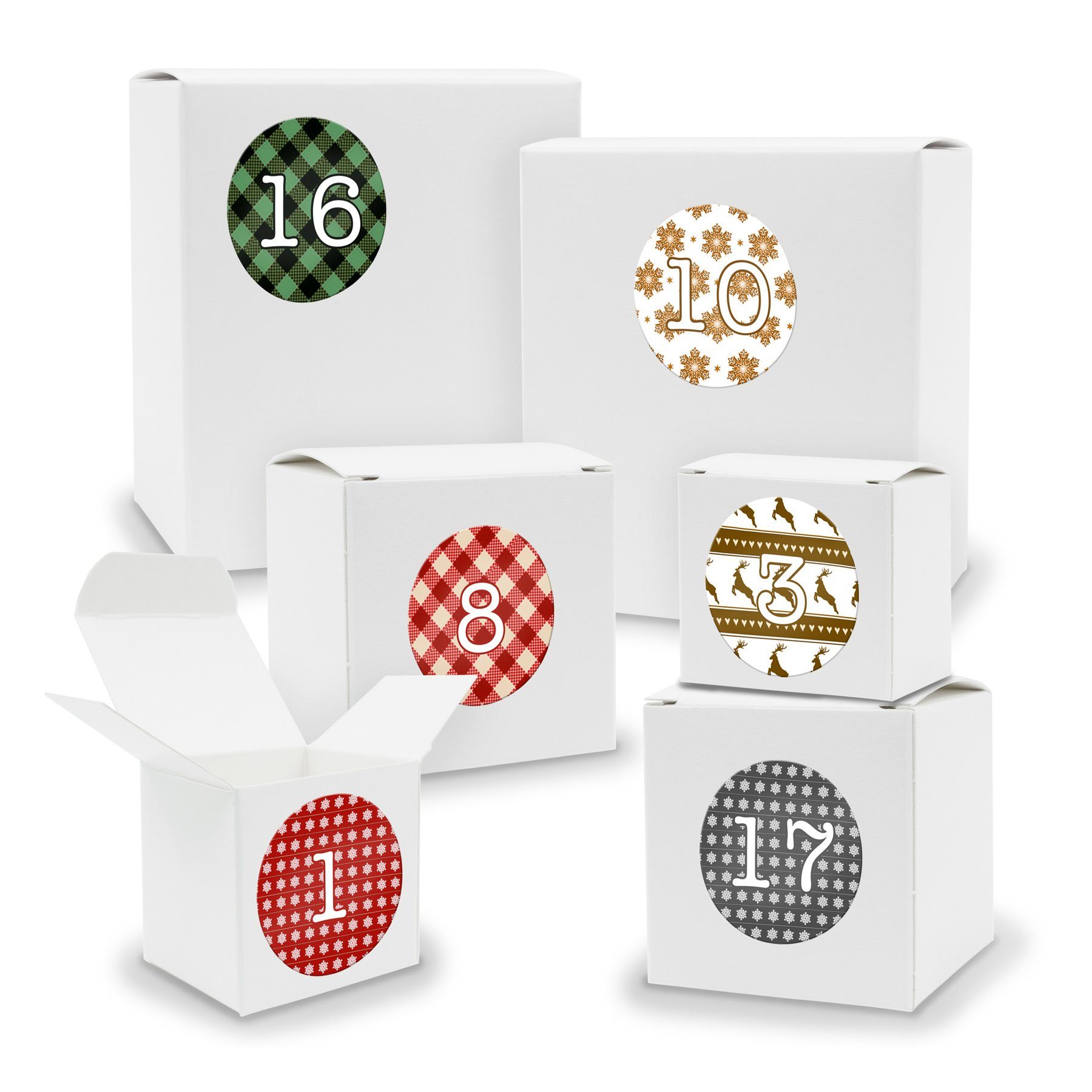 itenga Adventskalender + Füllen Sticker gemischt zum Würfel Quader befüllbarer WEISS 24x Adventskalender