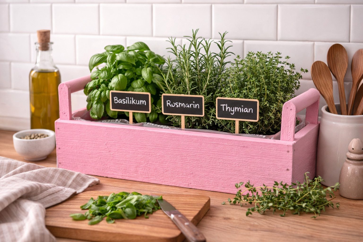 finehomegarden Blumenkasten Holz-Pflanzkasten pink – 26 × 16 cm – Höhe 8 cm – Mit Folie ausgelegt (1 St), Dekorativer Kräuter- & Blumenpflanzkasten