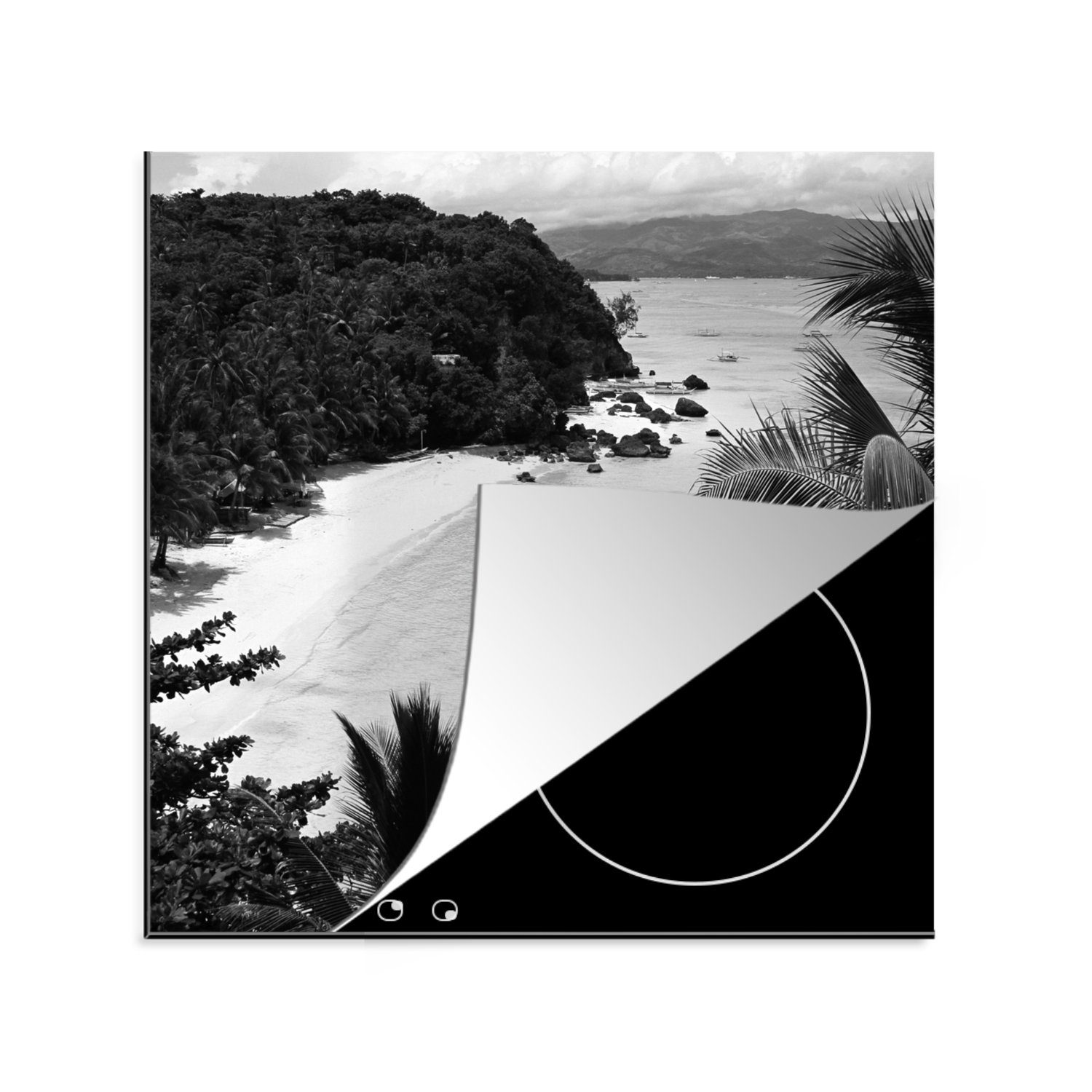 MuchoWow Herdblende-/Abdeckplatte Grüne Natur und weiße Strände auf der Insel Boracay - schwarz und weiß, Vinyl, (1 tlg), 78x78 cm, Ceranfeldabdeckung, Arbeitsplatte für küche