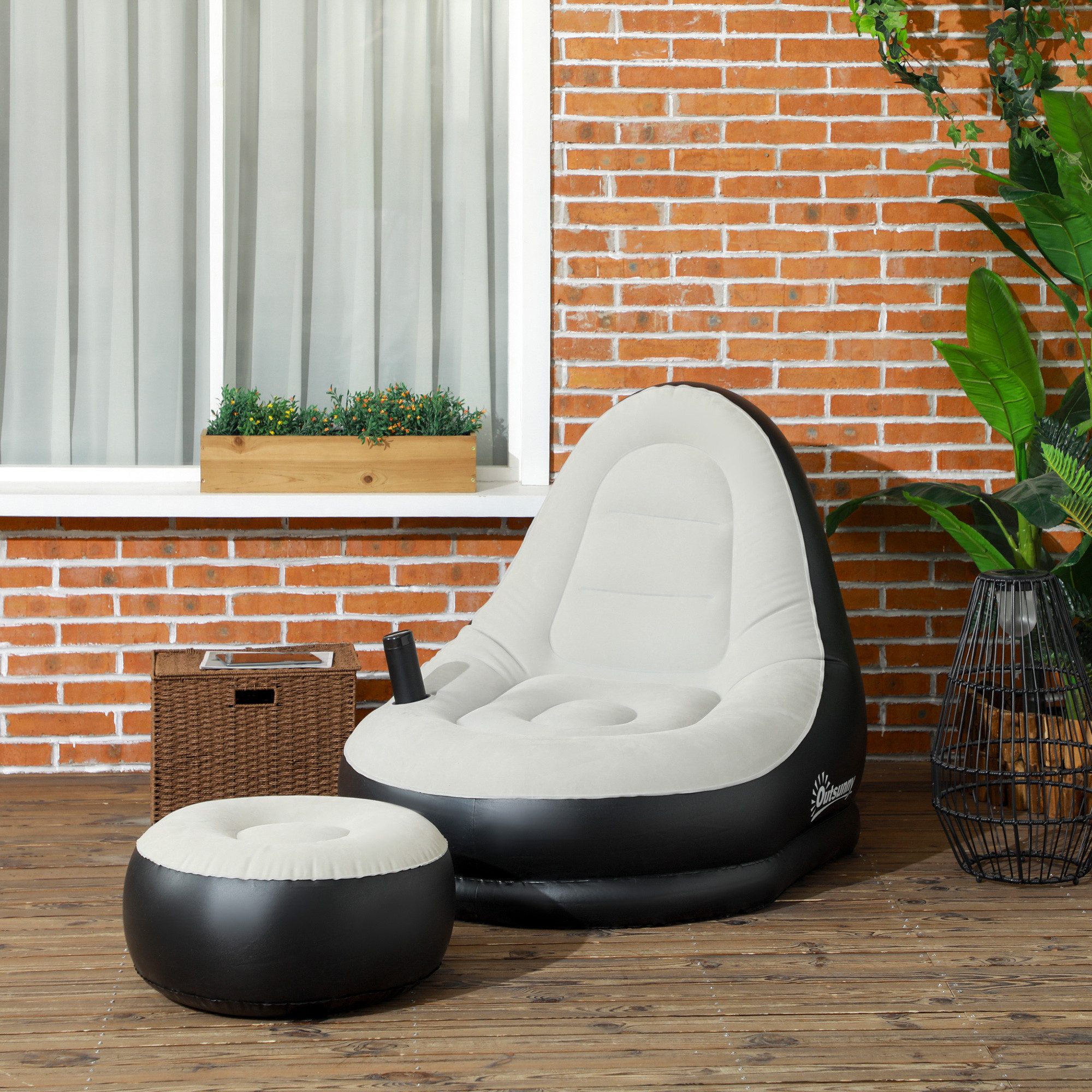 Outsunny Luftsessel Aufblasbares Sofa mit Fußhocker und Becherhalter, (Aufblasbarer Sessel, 2-tlg., Luftsofa), für Camping, Zuhause, Hellgrau, 125 x 100 x 87 cm
