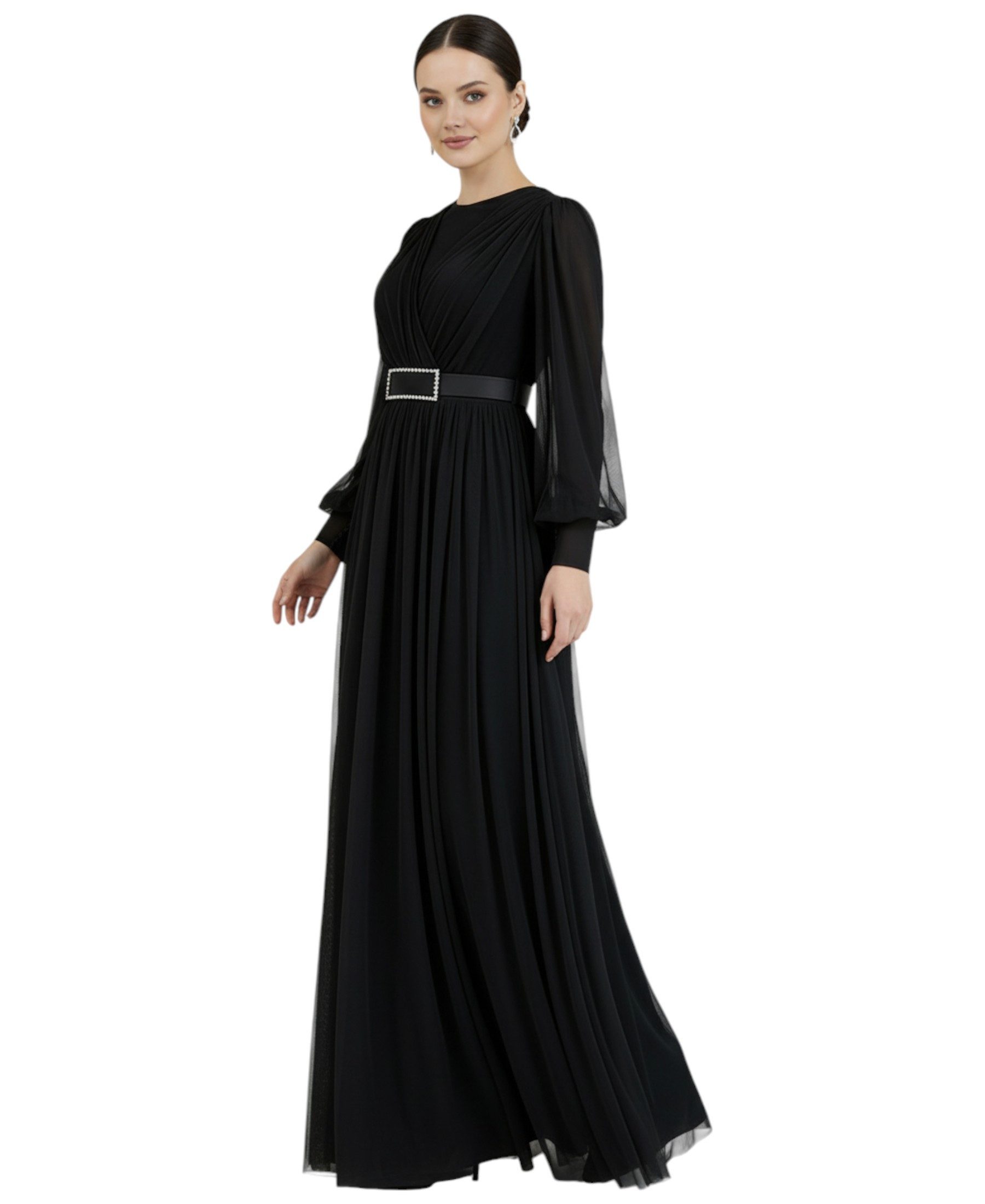 fashionshowcase Abendkleid Damen Maxikleid langarm Tüllkleid elegant mit Gürtel Modest Fashion Fließender Plissee-Rock mit taillierendem Gürtel