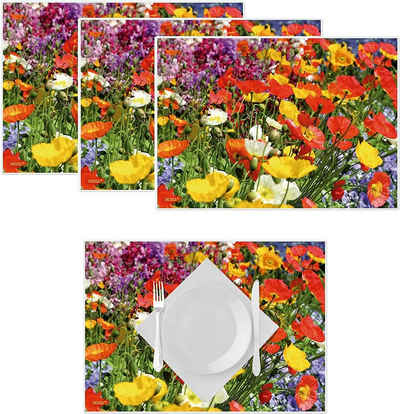 Platzset, Artipics Tischsets Blumenwiese Platzsets Abwaschbar Kunststoff 4 Stück je 42 x 30 cm Sommerliche Bunte Blumen Natur Tischdeko Für Küche, Essbereich, Gäste, Drinnen, Draußen, Artipics Tischkunst, (1-St)