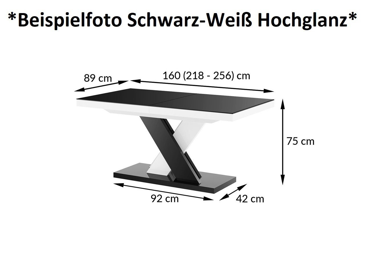 ausziehbar / 256cm Hochglanz bis Design Hochglanz Hochglanz Esstisch Schwarz - Weiß Schwarz designimpex 160 Tisch Weiß HEN-111
