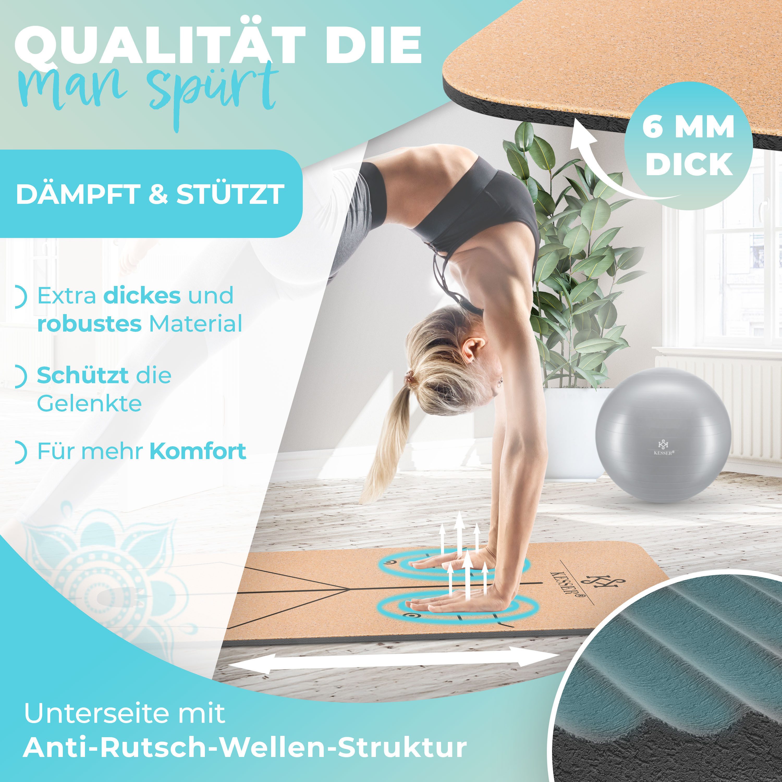 KESSER Yogamatte, Fitnessmatte Kork mit Tragegurt & Tasche Gymnastikmatte Trainingsmatte