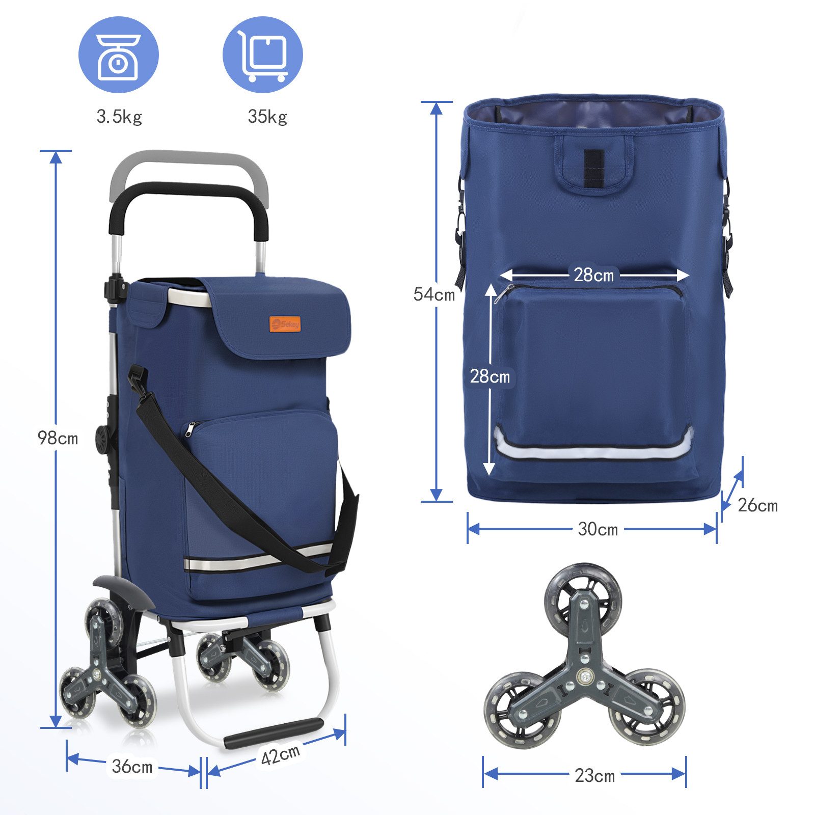 Sekey Einkaufstrolley Klappbarer Einkaufswagen mit Kühlfach, Treppensteiger Trolley 3 in 1, Faltbarer Einkaufswagen inkl. Einkaufschip und Spanngurt