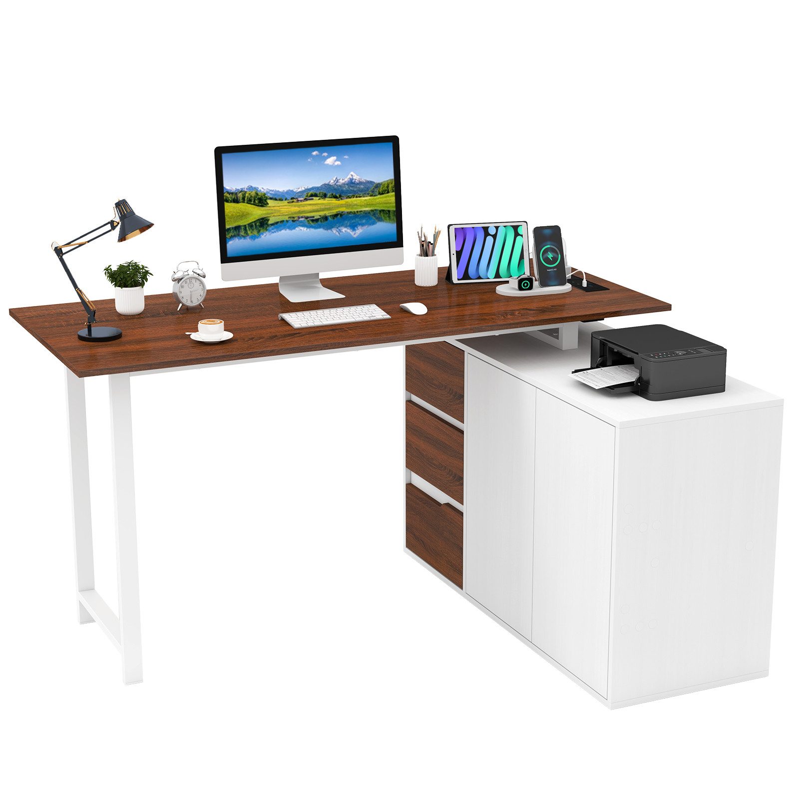 COSTWAY Eckschreibtisch, Umkehrbar mit Schubladen & Stauraum, Holz, weiß günstig online kaufen