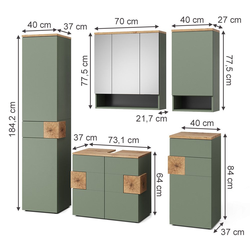 Vicco Badmöbel-Set Eden, Grün/Artisan, 5 Teile, (5-St., 5er Set)