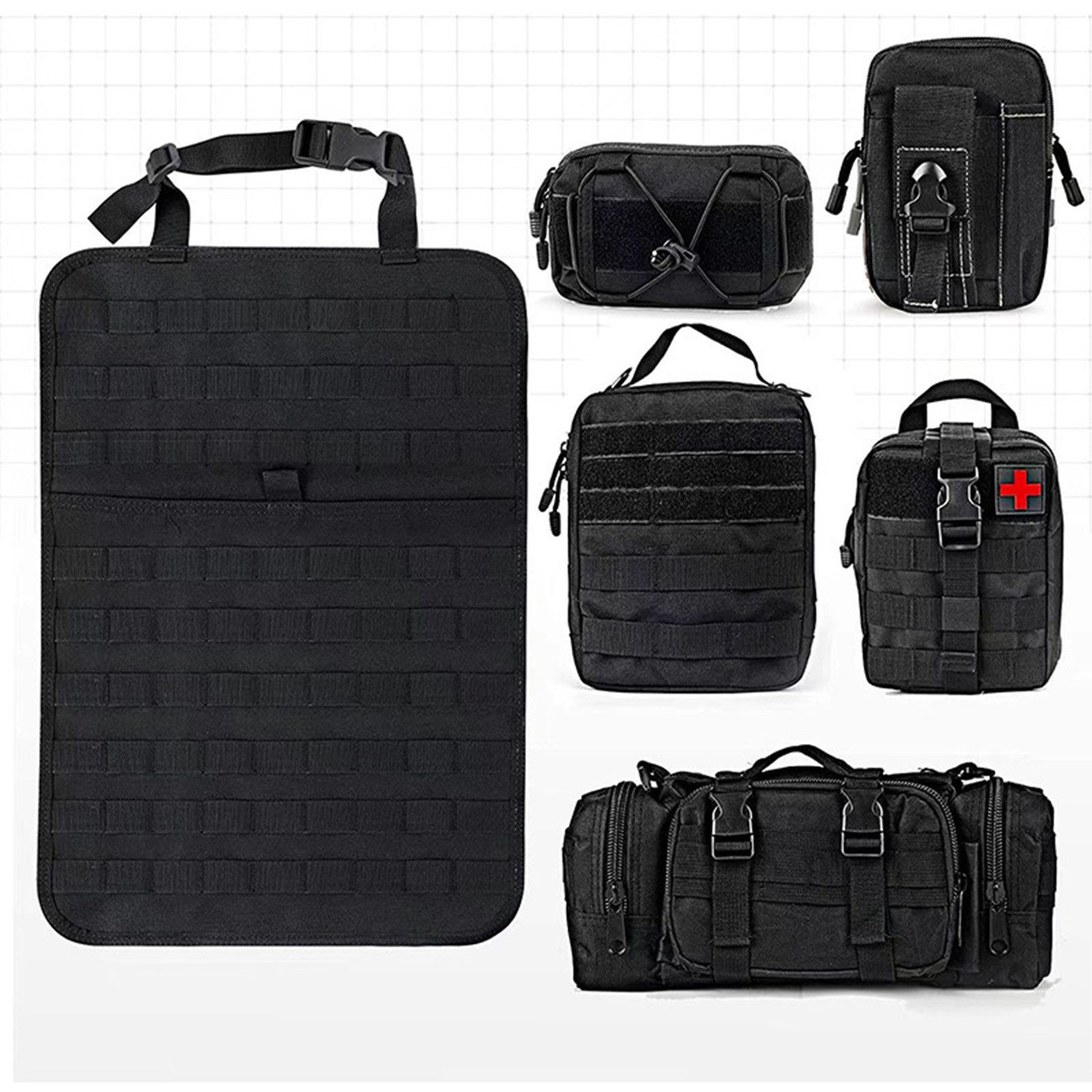 MOPUEA Auto-Rückenlehnentasche Auto-Rückenlehnentasche Molle System mit 5 abnehmbaren Taschen (Auto Sitz Organizer / MOLLE Rücksitz Aufbewahrungssystem, MOLLE Auto Organizer Tasche mit 5 abnehmbaren Modulen), MOLLE System, 600D Oxford, modular, robust, wasserabweisend