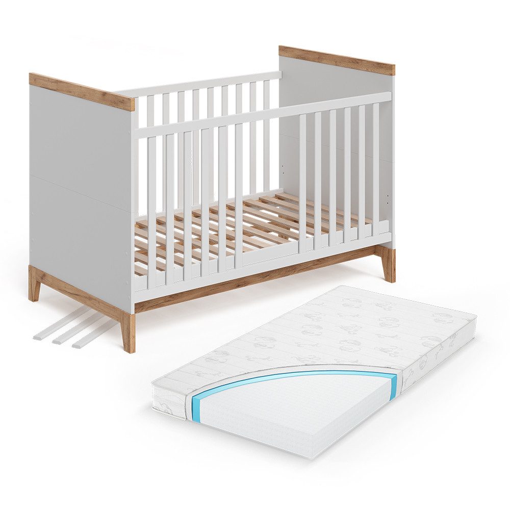 VitaliSpa® Babybett Malia, Weiß/Artisan, 70x140 cm mit Matratze, 2-tlg.