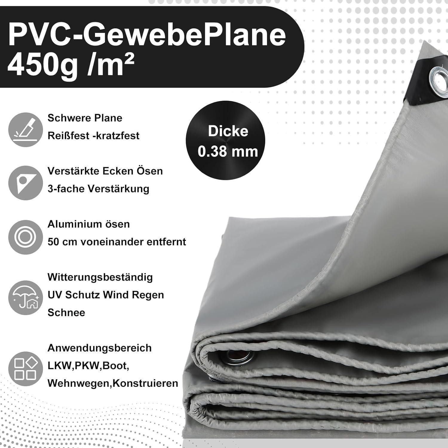 LuxusKollektion Schutzplane Abdeckplane 450g PVC Ösen Wasserdicht Reißfest Grau 3m x 4m