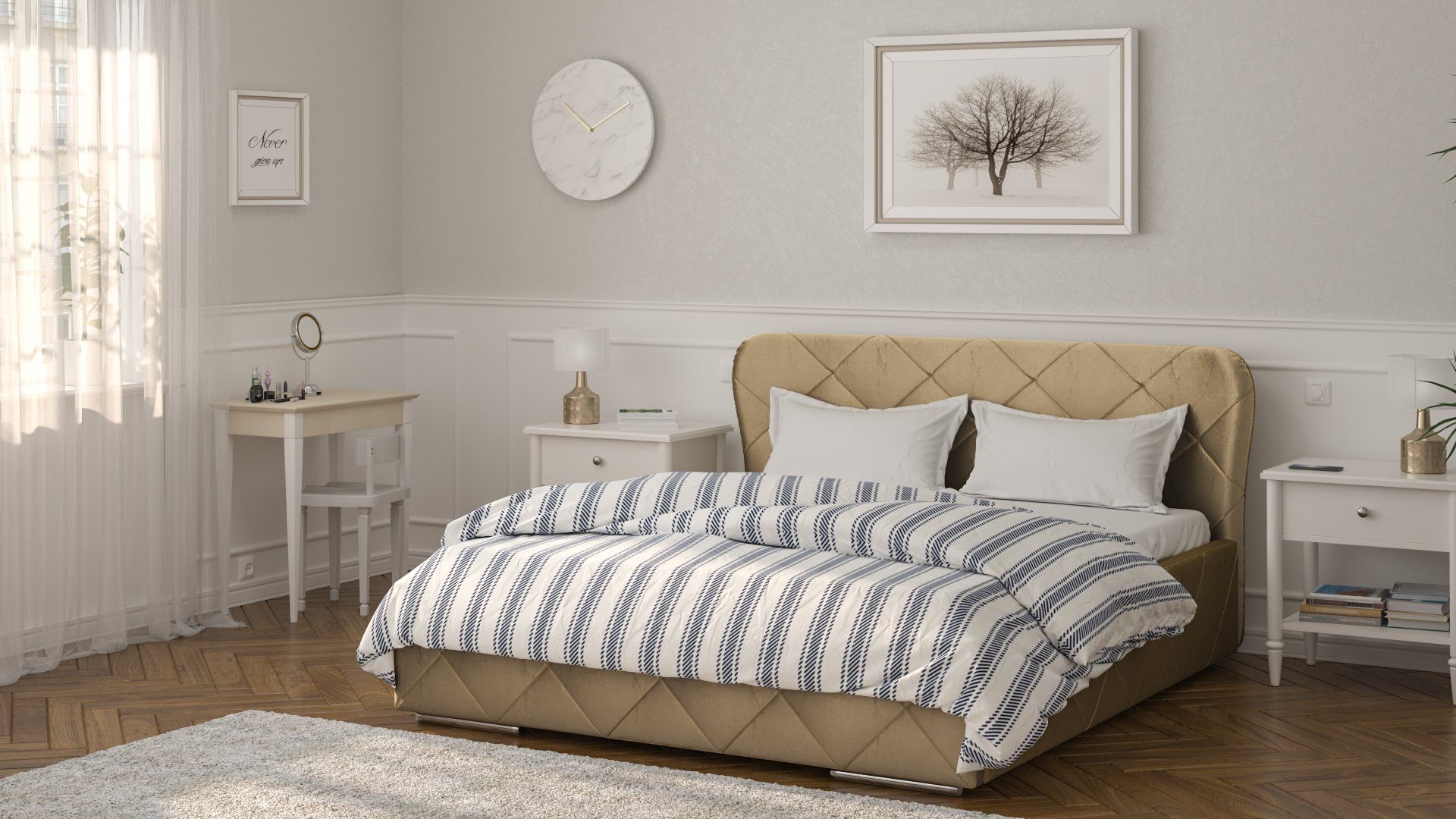 Creme Holzrahmen - mit Monako cm Doppelbett 200x160 Bett Siblo Bettzeugbehälter - - Doppelbetten hoher - Polsterbett Schlafkomfort
