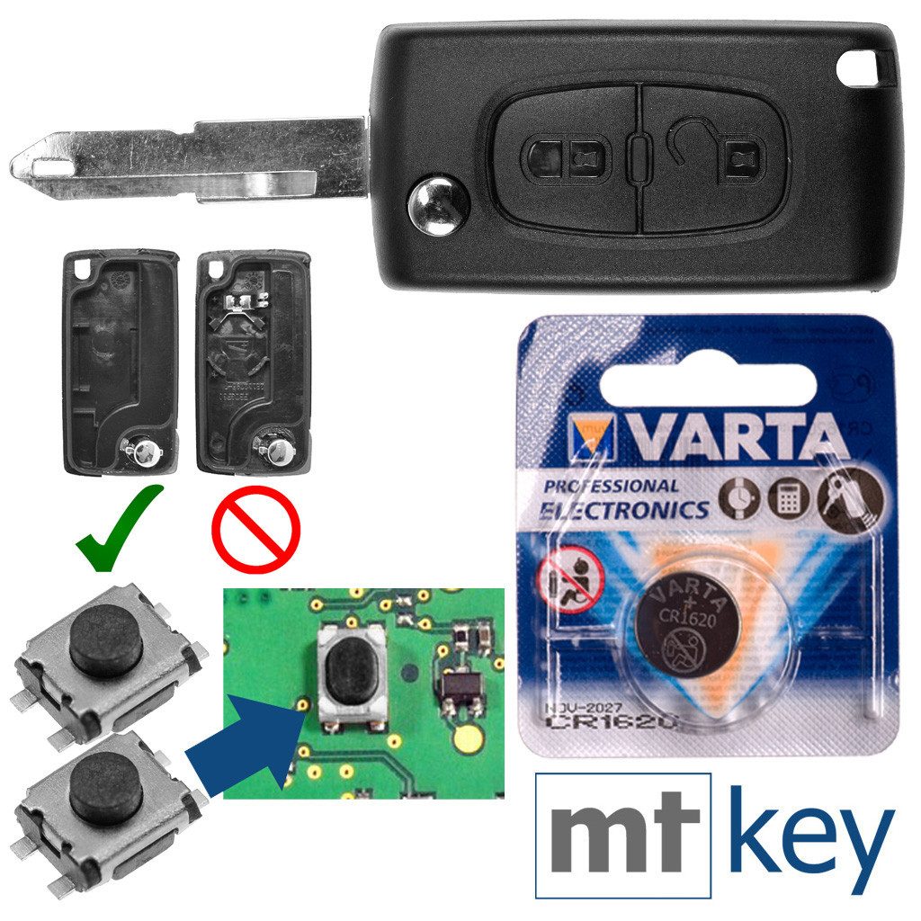 mt-key Klappschlüssel Tausch Gehäuse 2 Tasten + NE73 + Taster + VARTA CR1620 Knopfzelle, CR1620 (3 V), für Peugeot Citroen Funk Fernbedienung