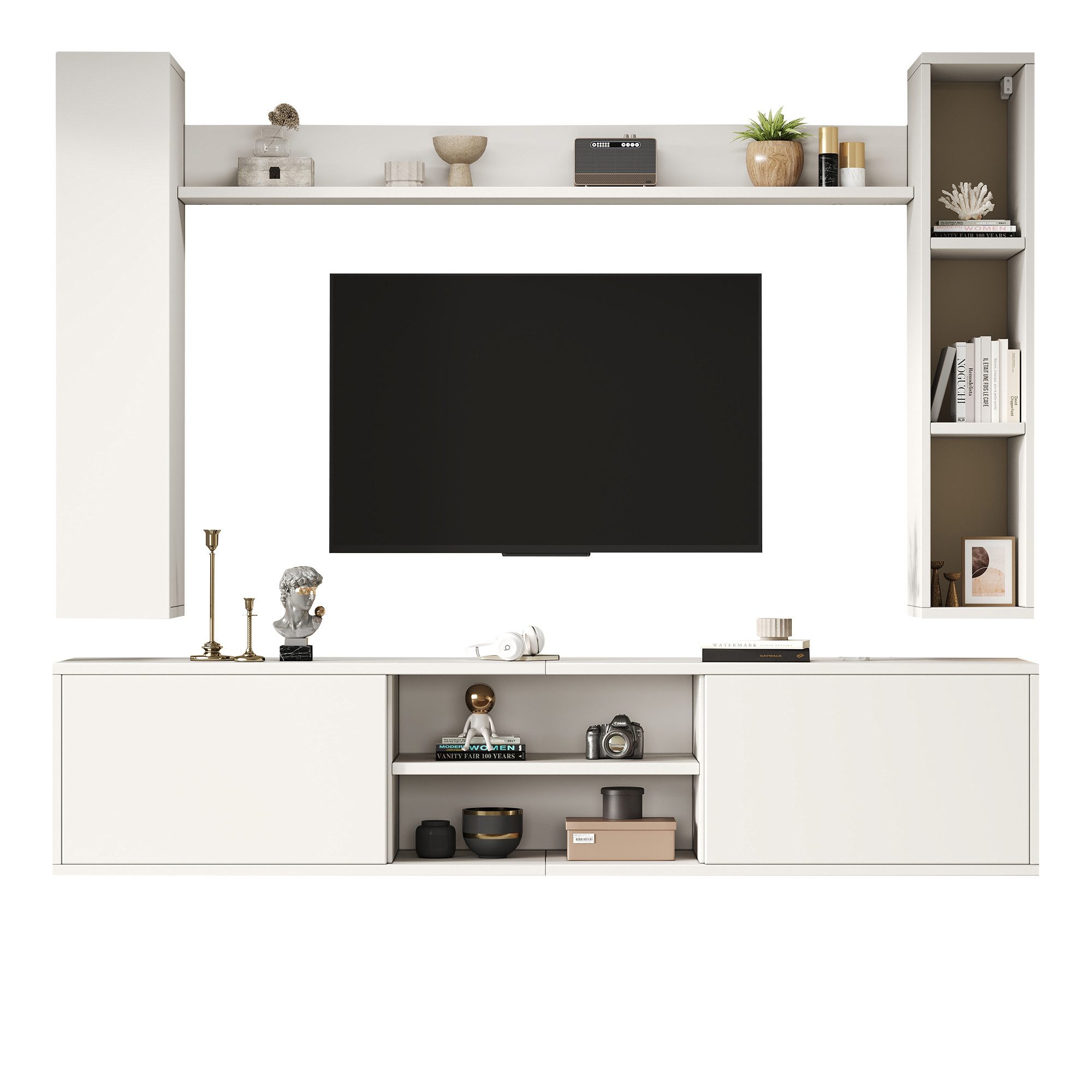 FANNOU Wohnwand TV Wohnwand-set mit Vitrinen, 180 x 35 x 33.5 cm, (Komplett-Set, 4-St), Mediawand inkl.TV-Board, Standregal und 2 Wandregal, TV bis 80'