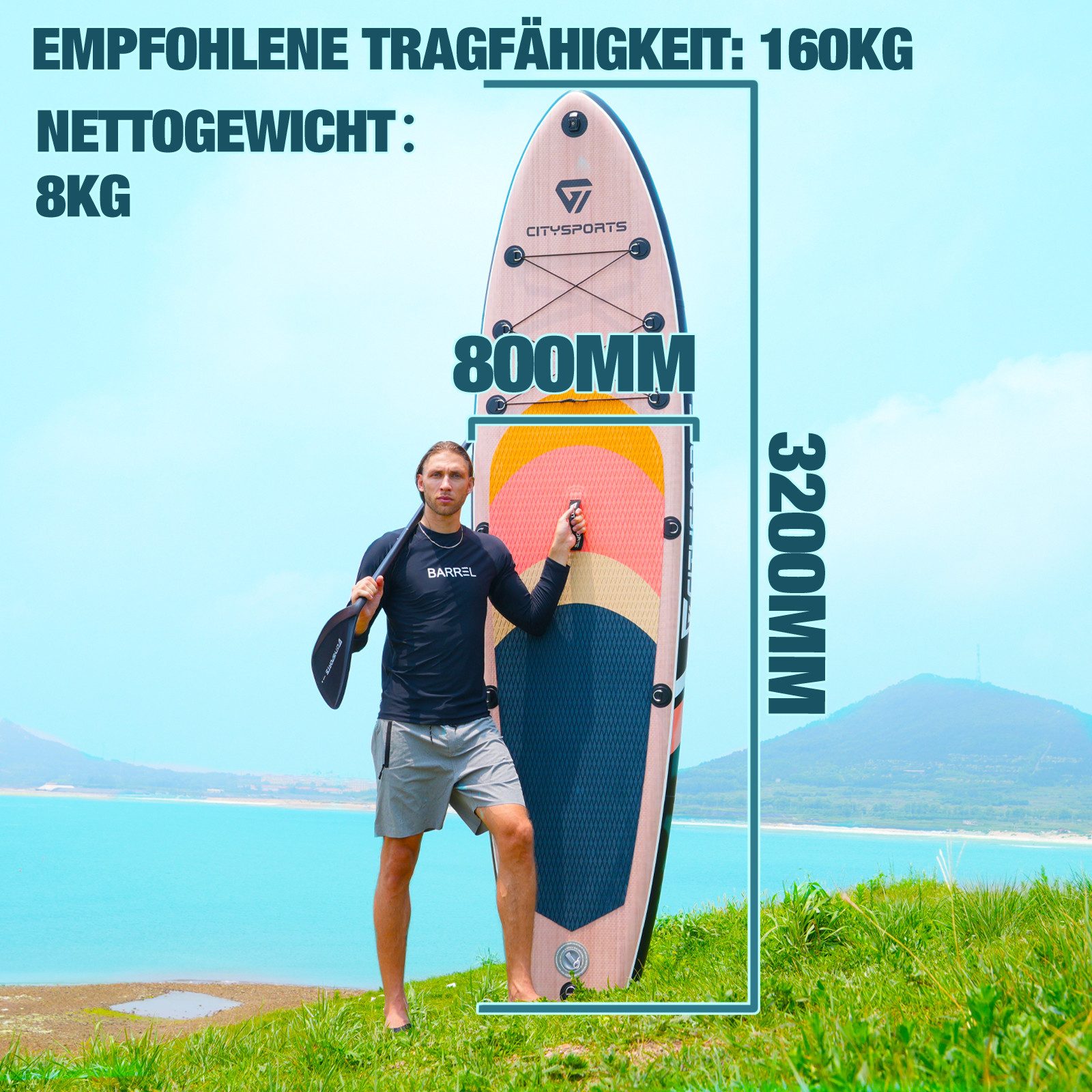 CITYSPORTS Stand Up Paddle Set 320x80x15 cm bis zu 160kg SUP-Board SUP-Paddel, Aufblasbar Stabil Leicht Komplett Set Tragetasche Paddel