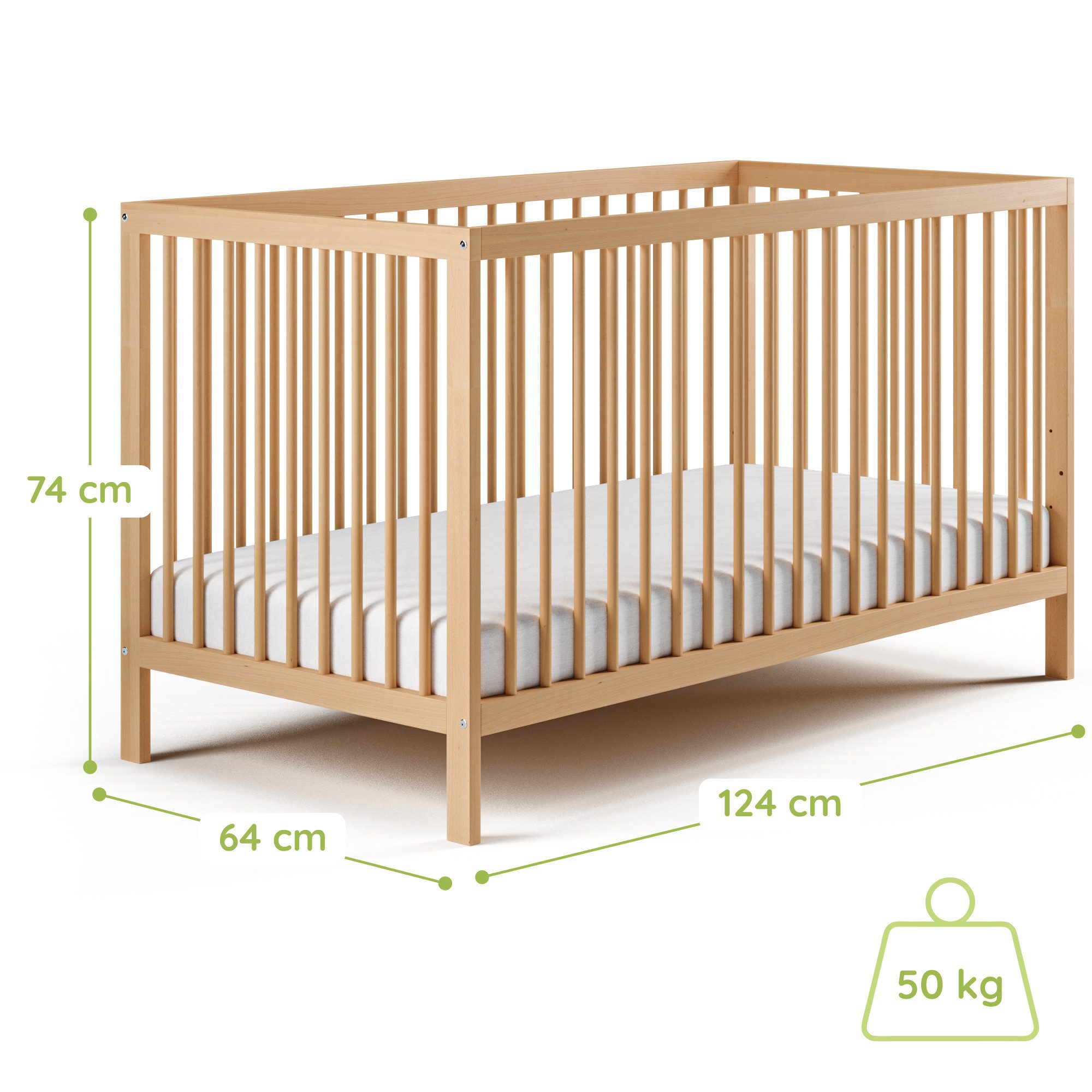 Kids Collective Kinderbett Babybett Gitterbett 60x120 und 70x140 cm herausnehmbare Sprossen (mit Lattenrost und herausnehmbaren Sprossen ab Geburt bis zum 3. LJ), 60x120 cm in natur