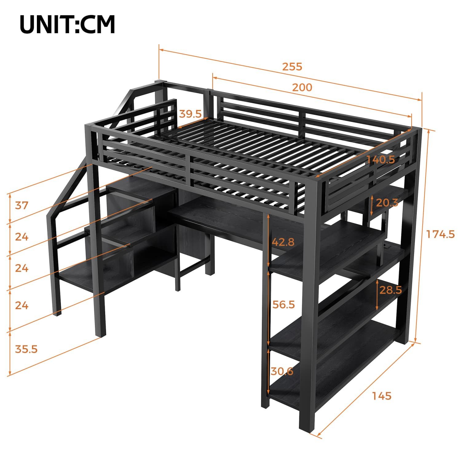Autolock Children's Bed 140x200cm Metal Loft Bed, Children's Bed with Stairs, Open Wardrobe, Integrated Desk, Storage Compartments, USB Charging Station + LED Lighting