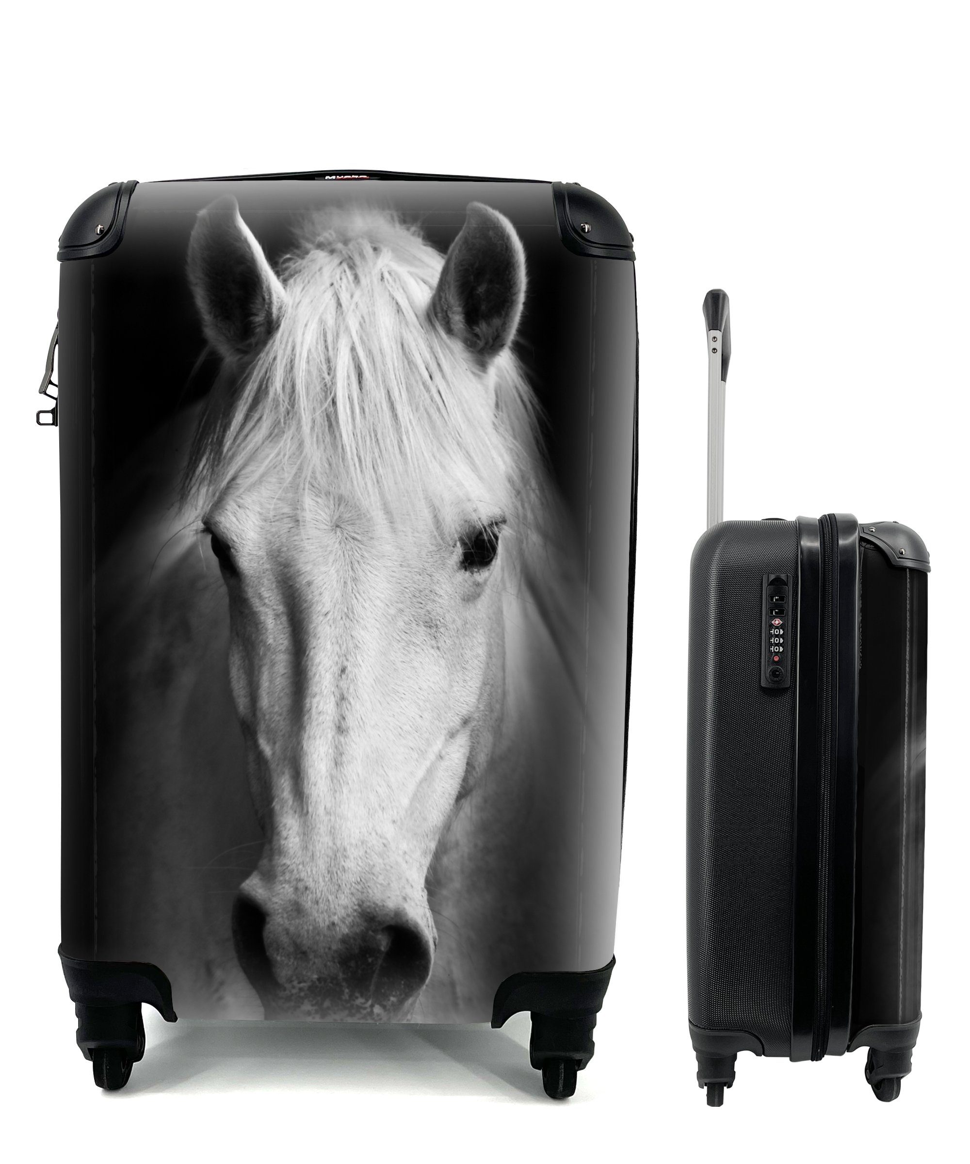 mit Weiß, rollen, Handgepäck für Reisetasche Reisekoffer Schwarz 4 - Porträt MuchoWow Pferd - Rollen, Trolley, Handgepäckkoffer - Ferien,