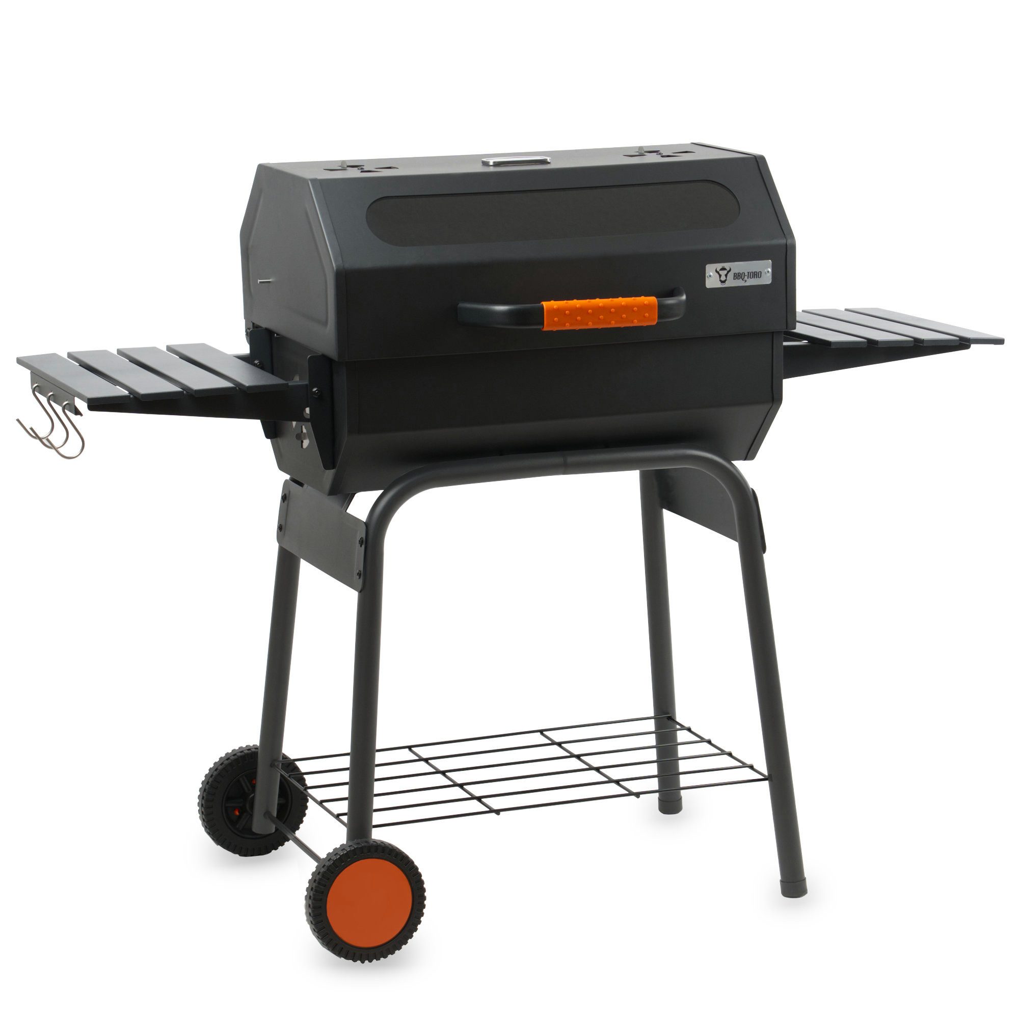 BBQ-Toro Holzkohlegrill Holzkohlegrill mit Thermometer und Sichtfenster, Schwarz, Zwei einklappbare Seitenablagen