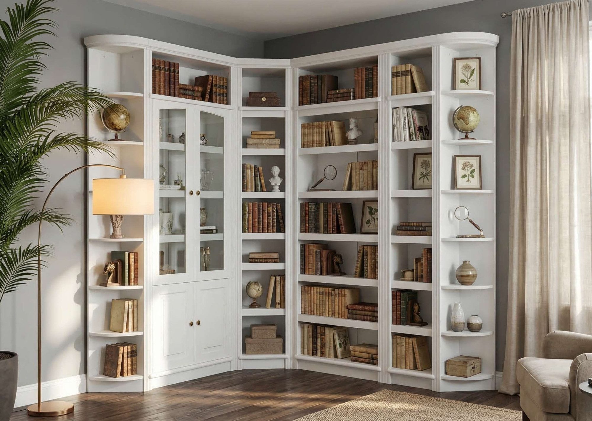 OTTO home Bibliothek Soeren - 7-tlg. Set: mit 1 Regal B 80 cm., 1 Regal B 40 cm, 1 Eckregal, Set 7-tlg., Inkl. 1 Vitrine,2 gerundeten Abschlussregalen und 1 Holzleiter,H220 cm