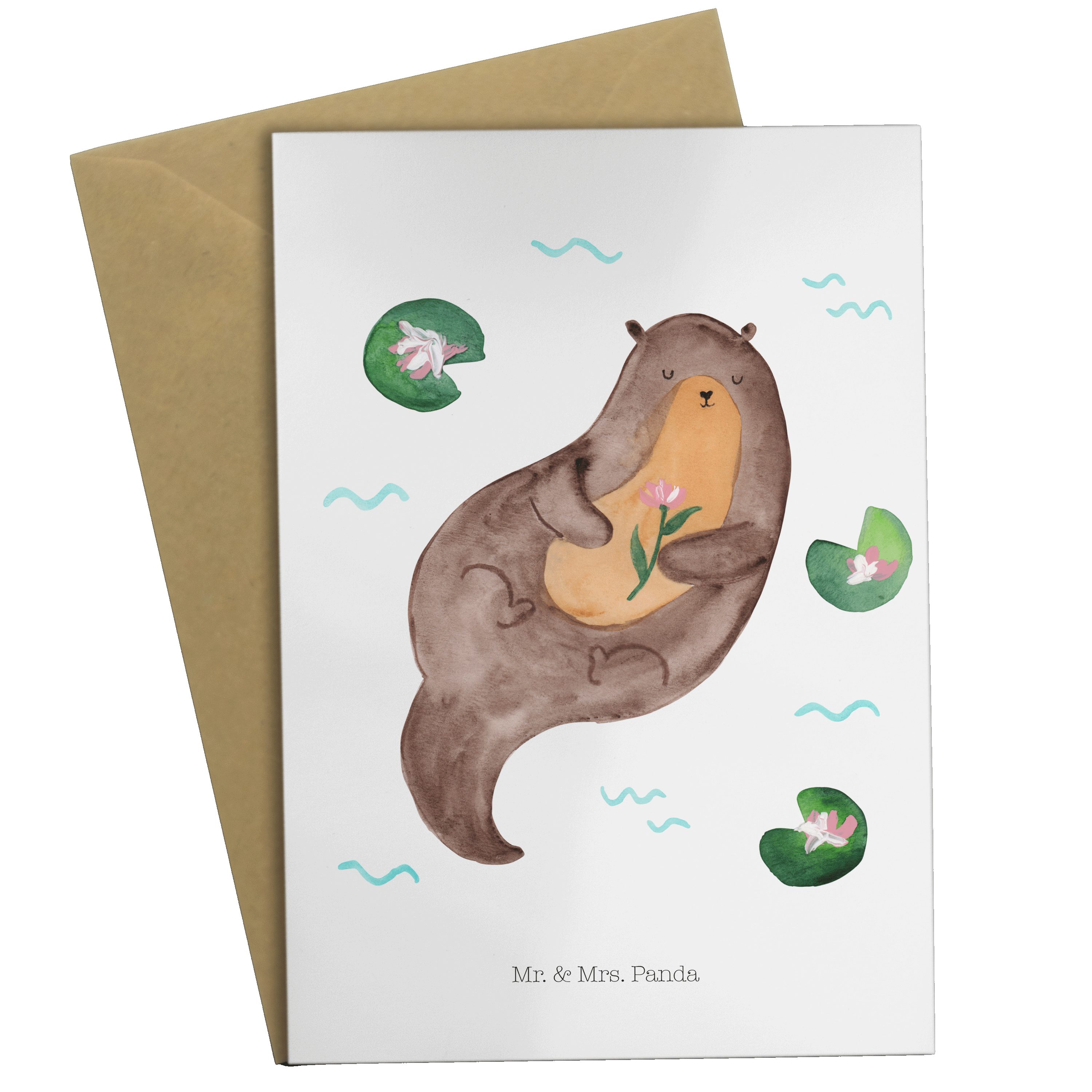 Mr. & Mrs. Panda Grußkarte Otter mit Seerose - Weiß - Geschenk, Geburtstagskarte, Fischotter, Ka