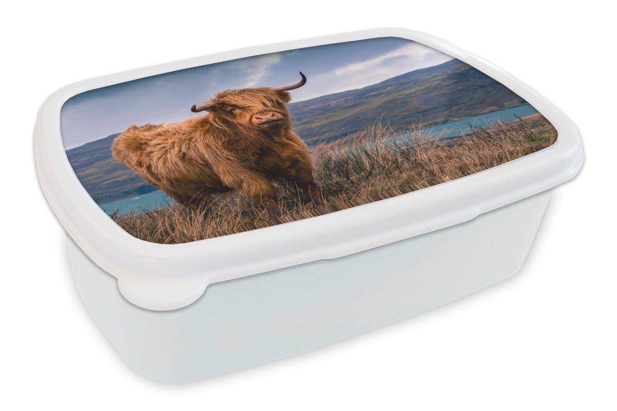 MuchoWow Lunchbox Schottische Highlander - Himmel - Natur, Kunststoff, (2-tlg), Brotbox für Kinder und Erwachsene, Brotdose, für Jungs und Mädchen weiß