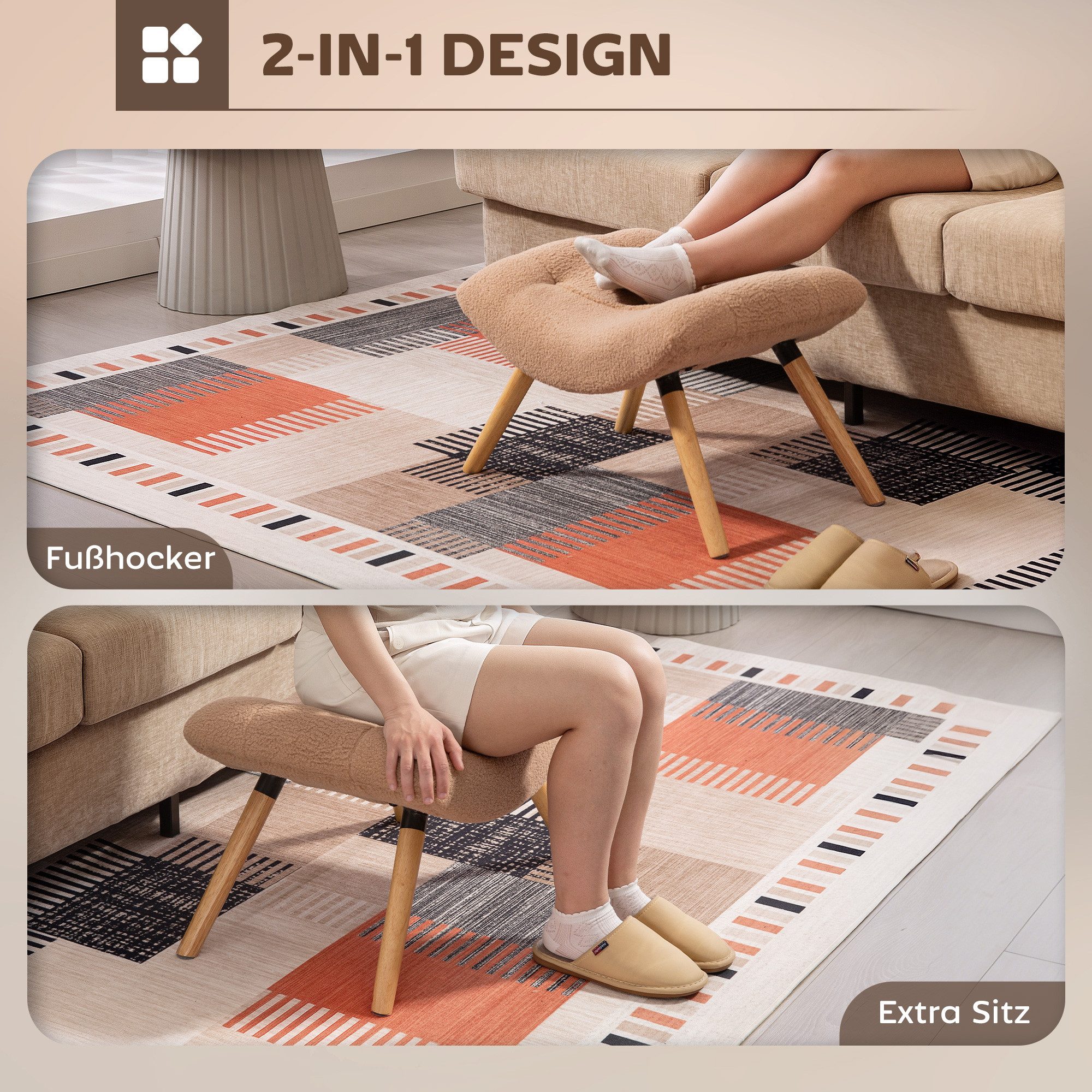 HOMCOM Fußhocker Hocker mit weichem Sitzkissen mit Berberfleece-Stoff Ottoman (Sitzhocker, 1 St., Polsterhocker), für Wohnzimmer, Schlafzimmer, 67 x 45 x 38 cm, – Bild 5 von 5