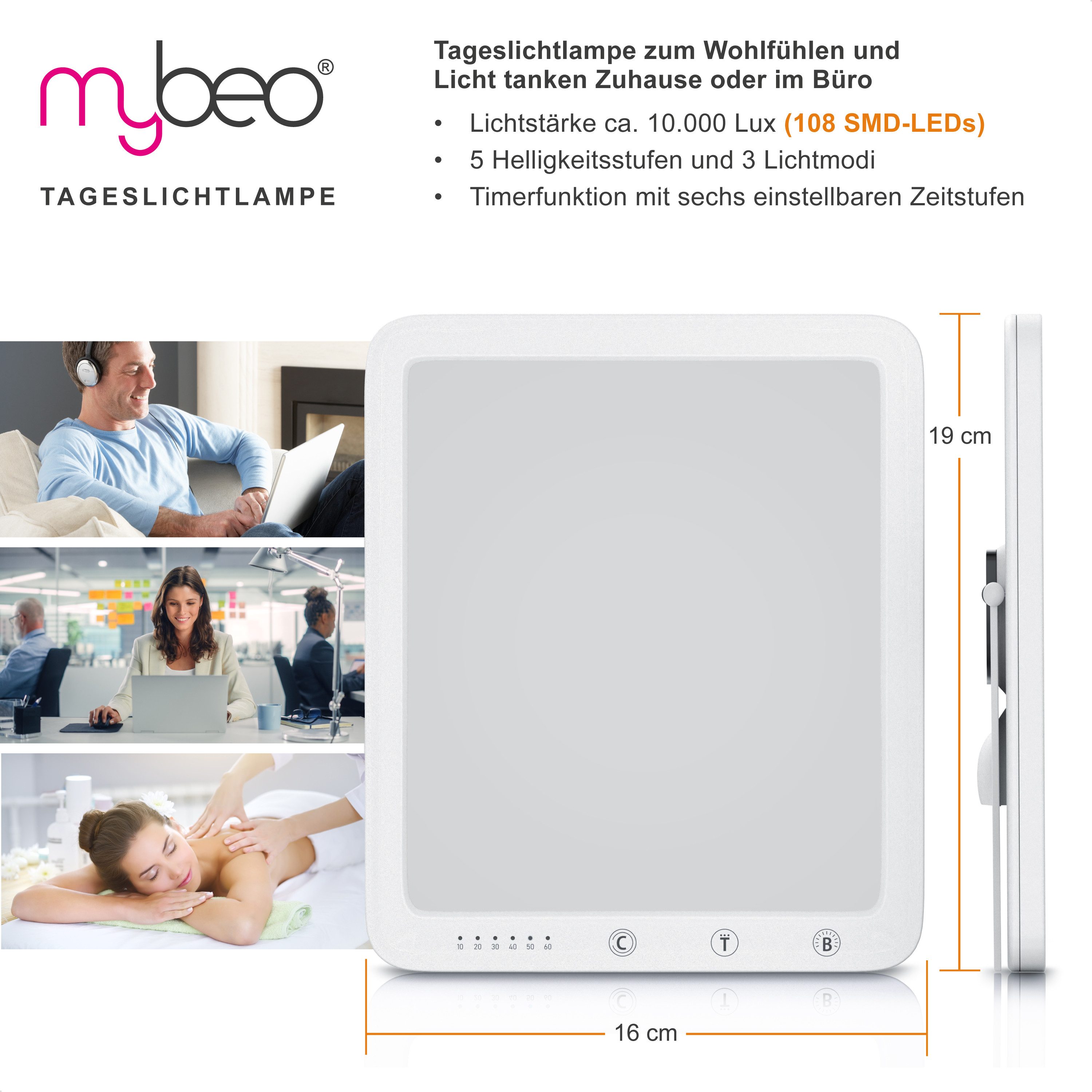 MyBeo Tageslichtlampe LED Lichttherapielampe, Tageslichtleuchte mit Standfuß, Lichttherapie, Dimmfunktion; Timer; verschiedene Lichtmodi, LED fest integriert, Warmweiß bis Kaltweiß, simuliert Tageslicht, 5 Helligkeitsstufen, 3 Lichttemperaturen, Timer