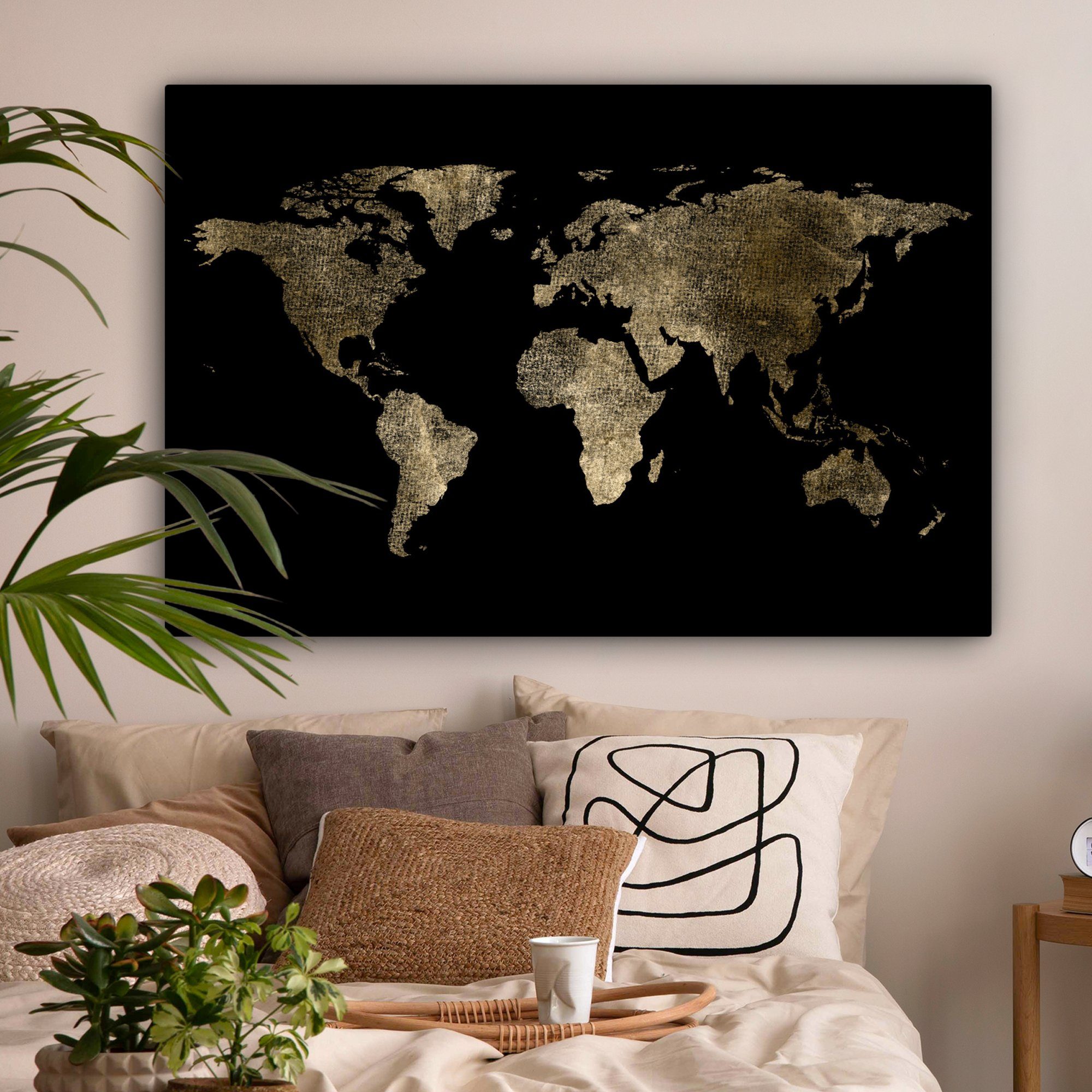 OneMillionCanvasses® Leinwandbild Weltkarte - Gold - Schwarz - Erde - Luxus, Fotodruck (1 St), Wandbild XXL für Wohnzimmer Küche 120x80 cm