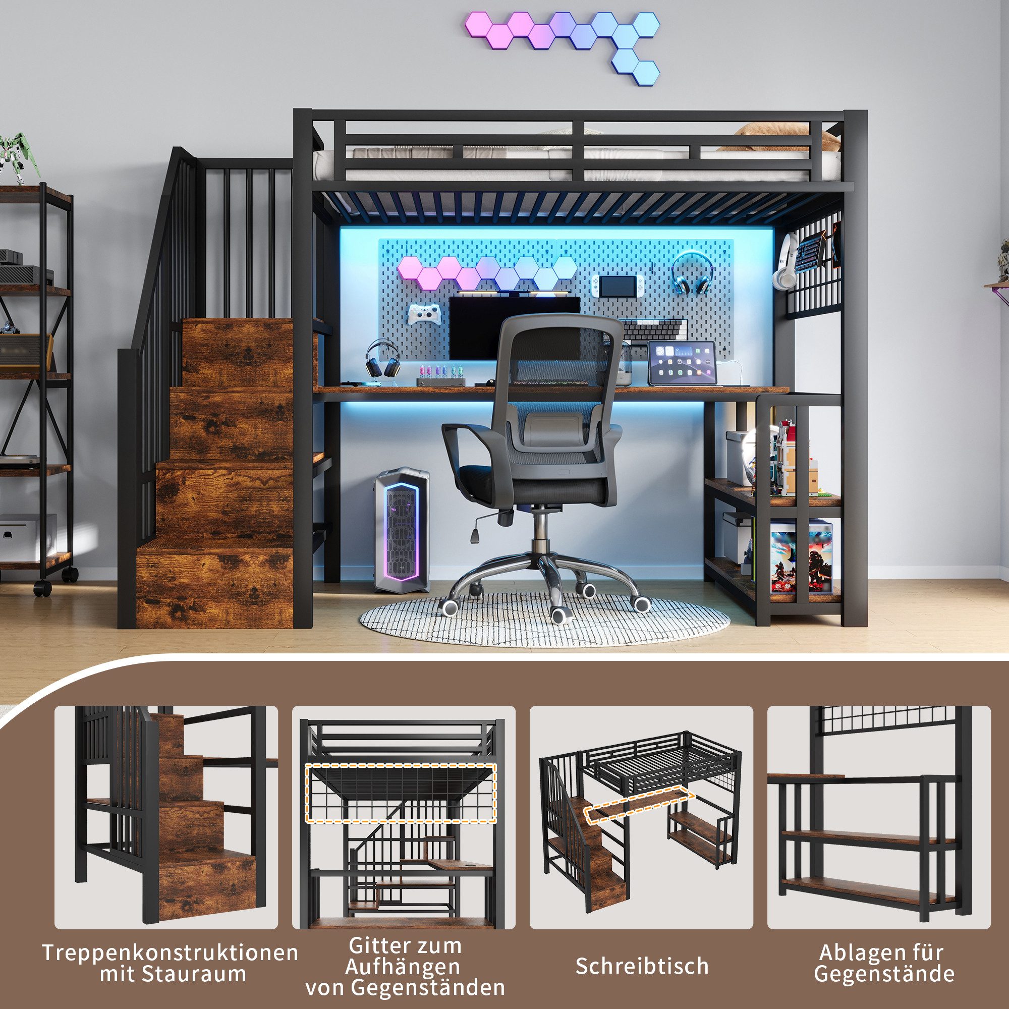 REDOM Hochbett mit Eisenrahmen, LED-Lichtleiste und Schreibtisch (Lagerregal mit Stauraum, Hängendes Gitter, 2 USB-Anschlüsse, Typ-C-Buchse, Jugendbett Metallbett, 90x200 cm) Inklusive Matratze