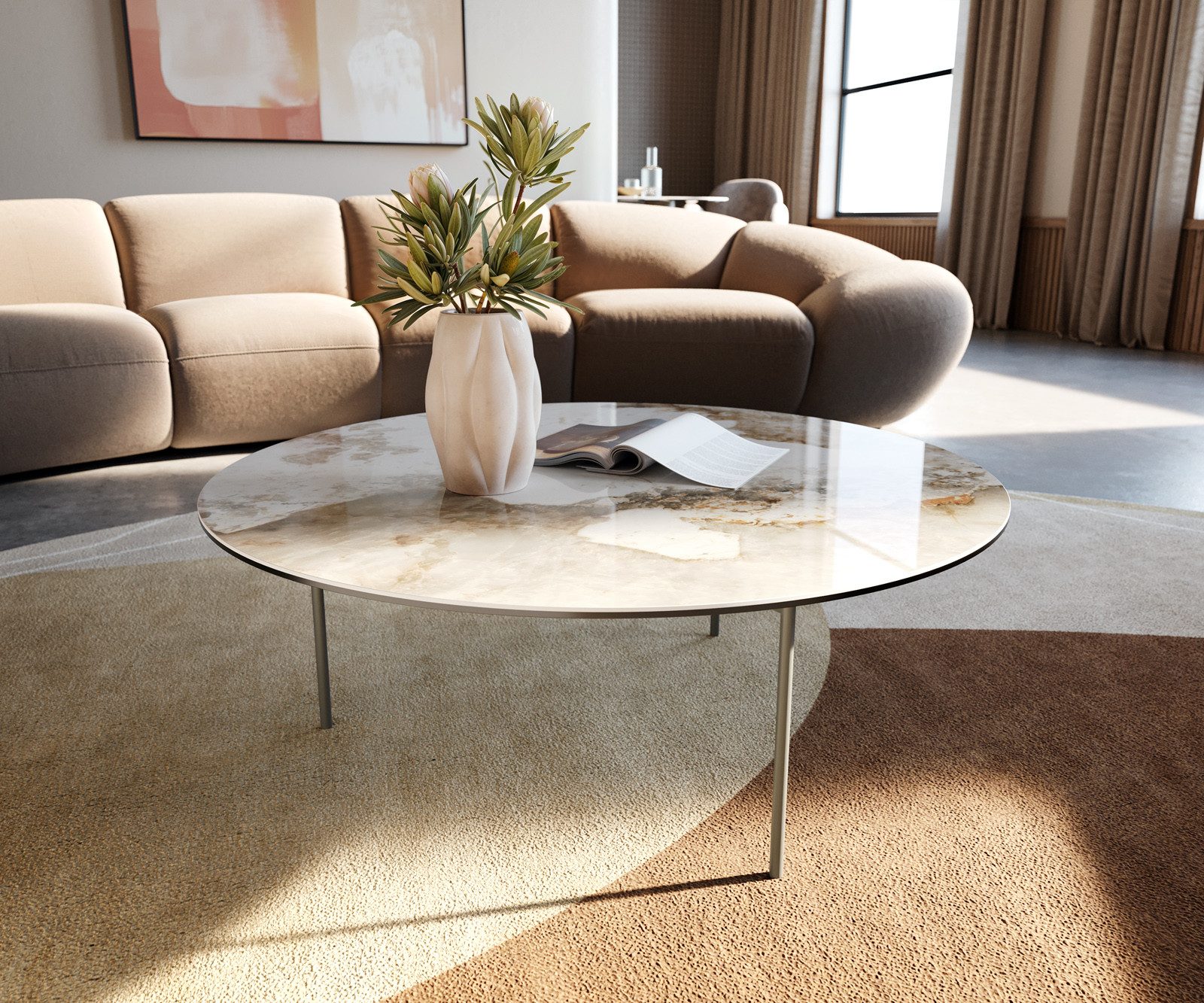DELIFE Couchtisch Edge, Rund 90x90 cm Keramik Minas Melange Trive Metall Effektfinish Titan