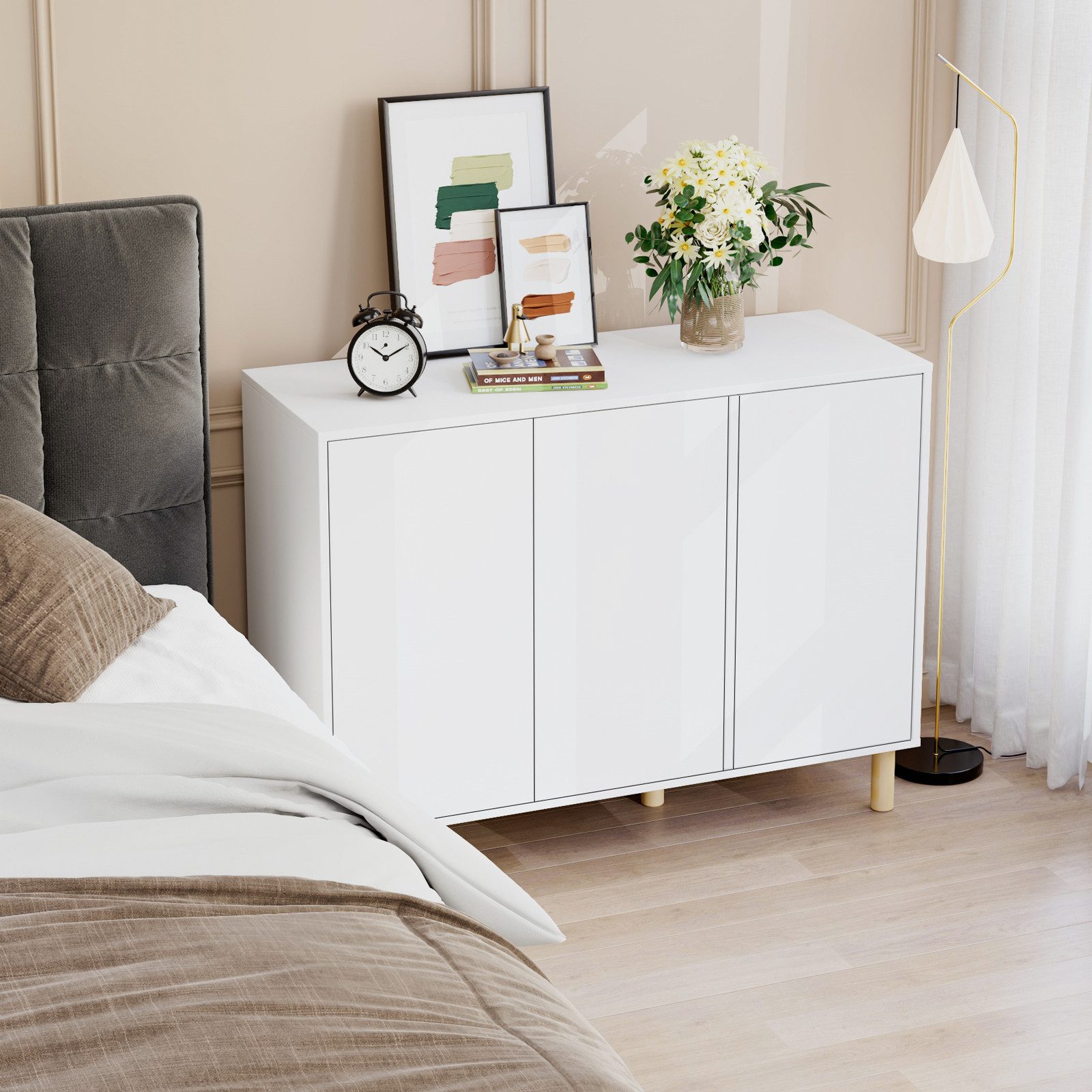 Homfa Sideboard Sideboard Kommode, mit 3 Türen, weiß, 107x40x80cm, aus Holz
