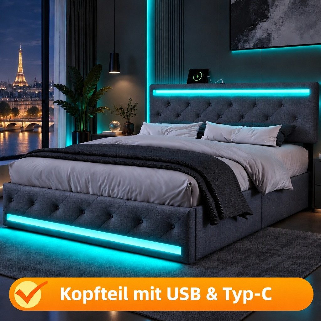 PXloue Polsterbett Modernes Polsterbett mit LED-Beleuchtung, Bettgestell mit USB-Anschluss und modernem Design 140x200 cm