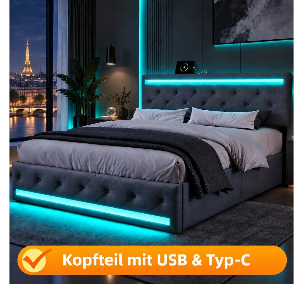 PXloue Polsterbett Modernes Polsterbett mit LED-Beleuchtung, Bettgestell mit USB-Anschluss und modernem Design 160x200 cm