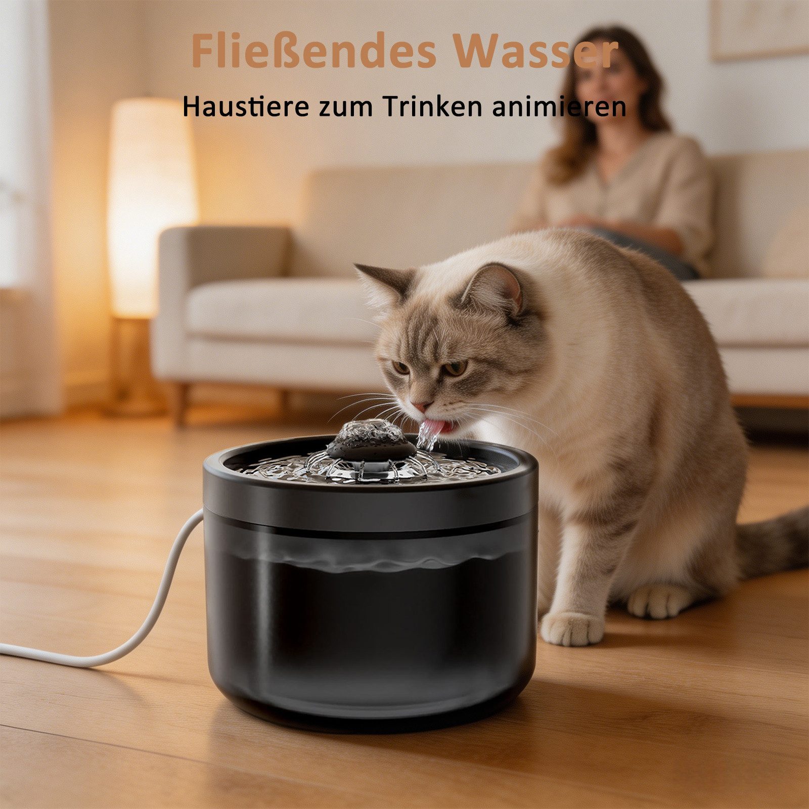 DAITORE Trinkbrunnen 1,8L Katzenbrunnen PP, leiser Trinkbrunnen für Katzen, Hunde 1.8 l, Mit Filtersatz, mit Wasserstandsfenster, flüsterleise