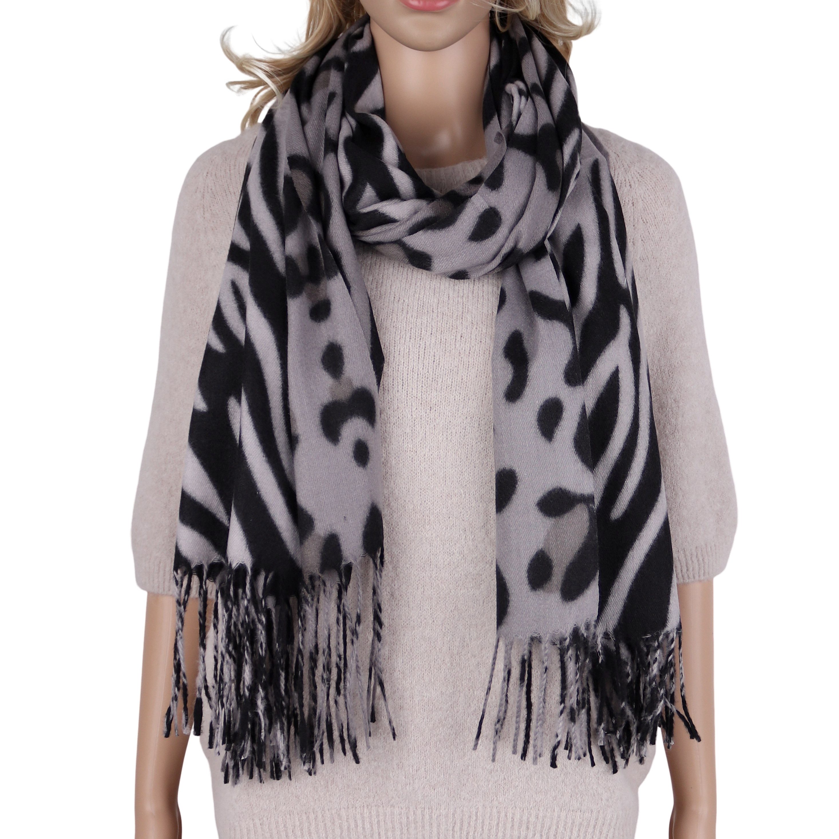 MIRROSI Modeschal weicher und warmer Schal mit Fransen, ca.70x180cm, (Leopard Zebra Muster), Damen Halstuch ideal für Herbst und Winter