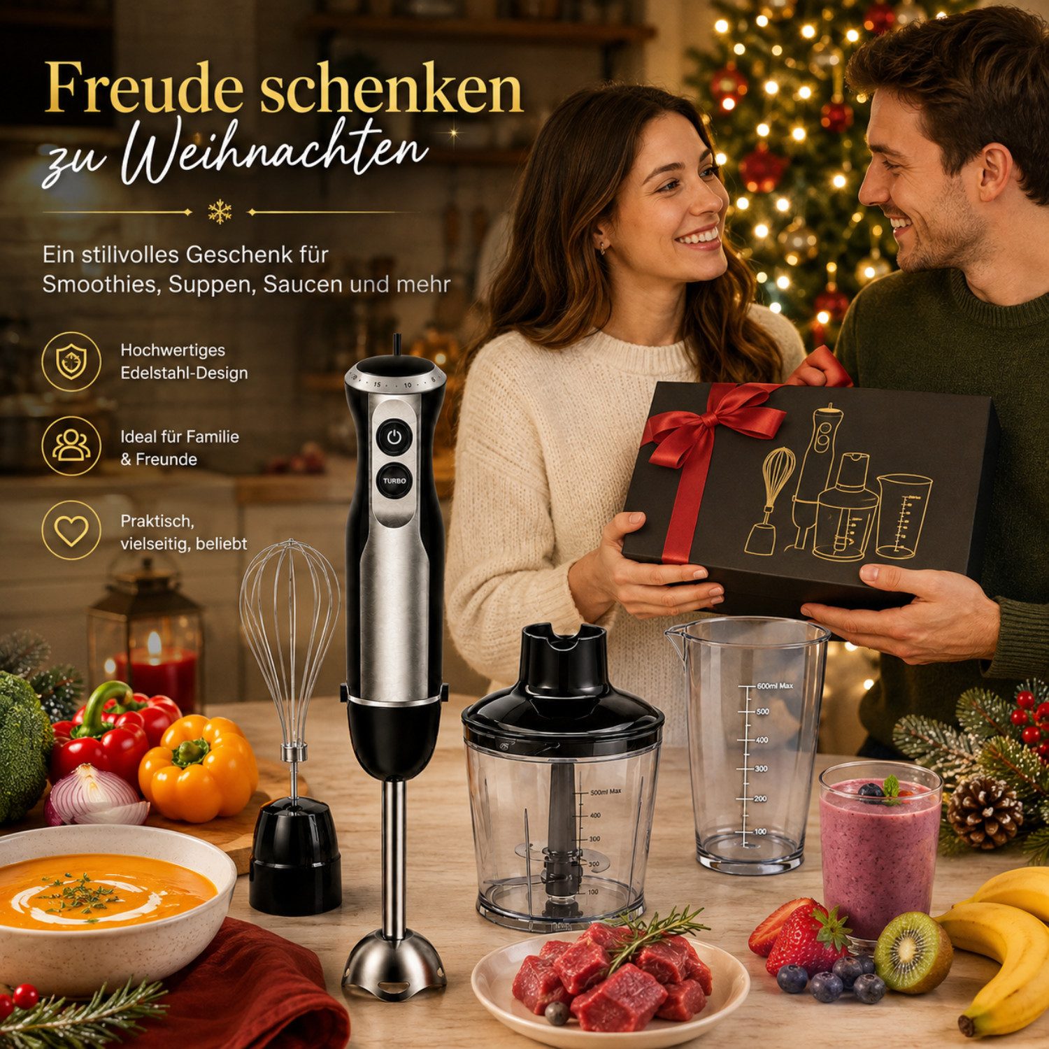 Luckice Stabmixer 1000W 4in1 Elektrisch Edelstahl Pürierstab mit 20 Geschwindigkeiten, 1000 W, TURBO-Taste für die Zubereitung von Soße,Babynahrung und Suppe – Bild 2 von 5