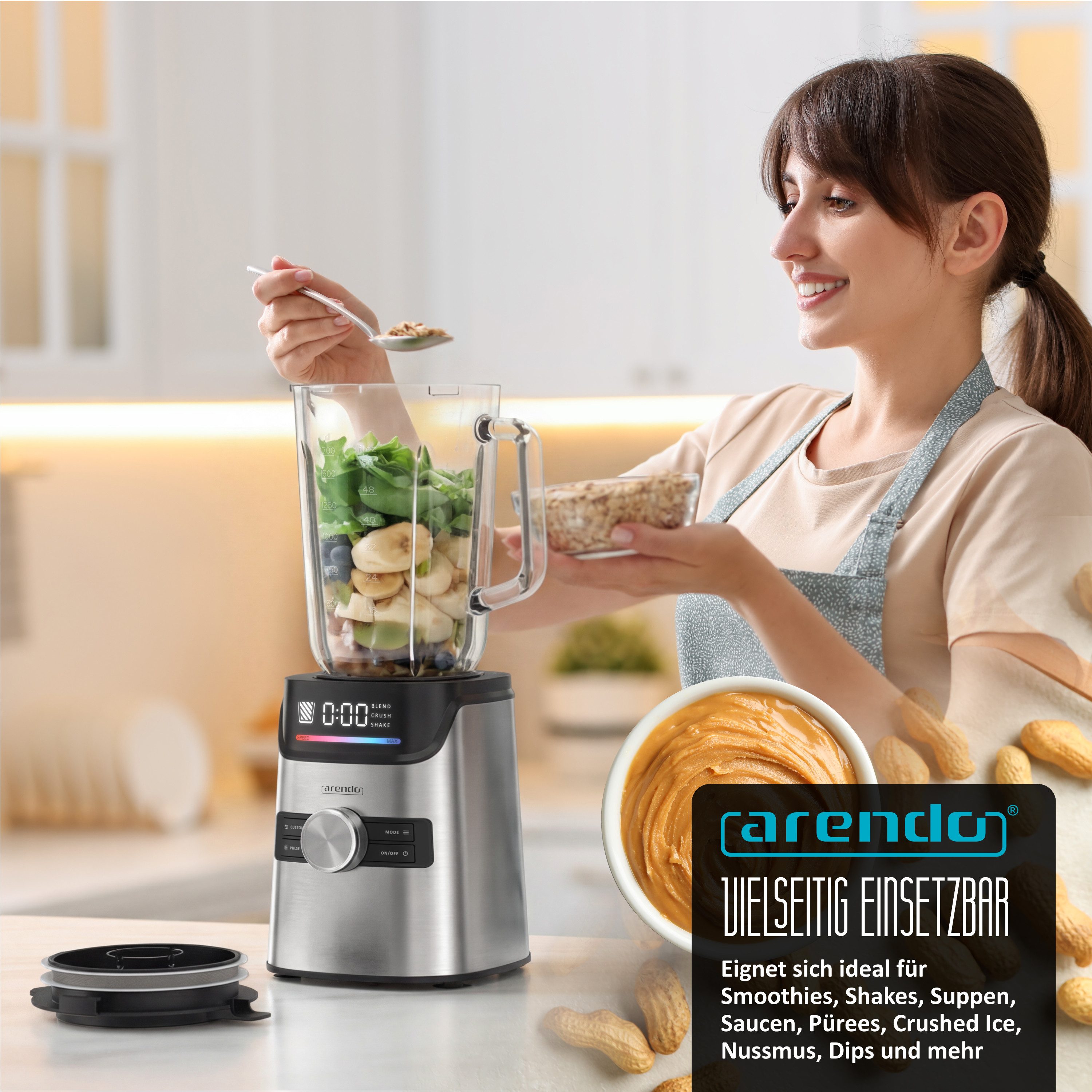 Arendo Standmixer Edelstahl Hochleistungsmixer 1400W, Display, 6 Geschwindigkeitsstufen, 1400 W, 1,7 l Glasbehälter, 3 Programme, Pulsfunktion, Sicherheitssperre
