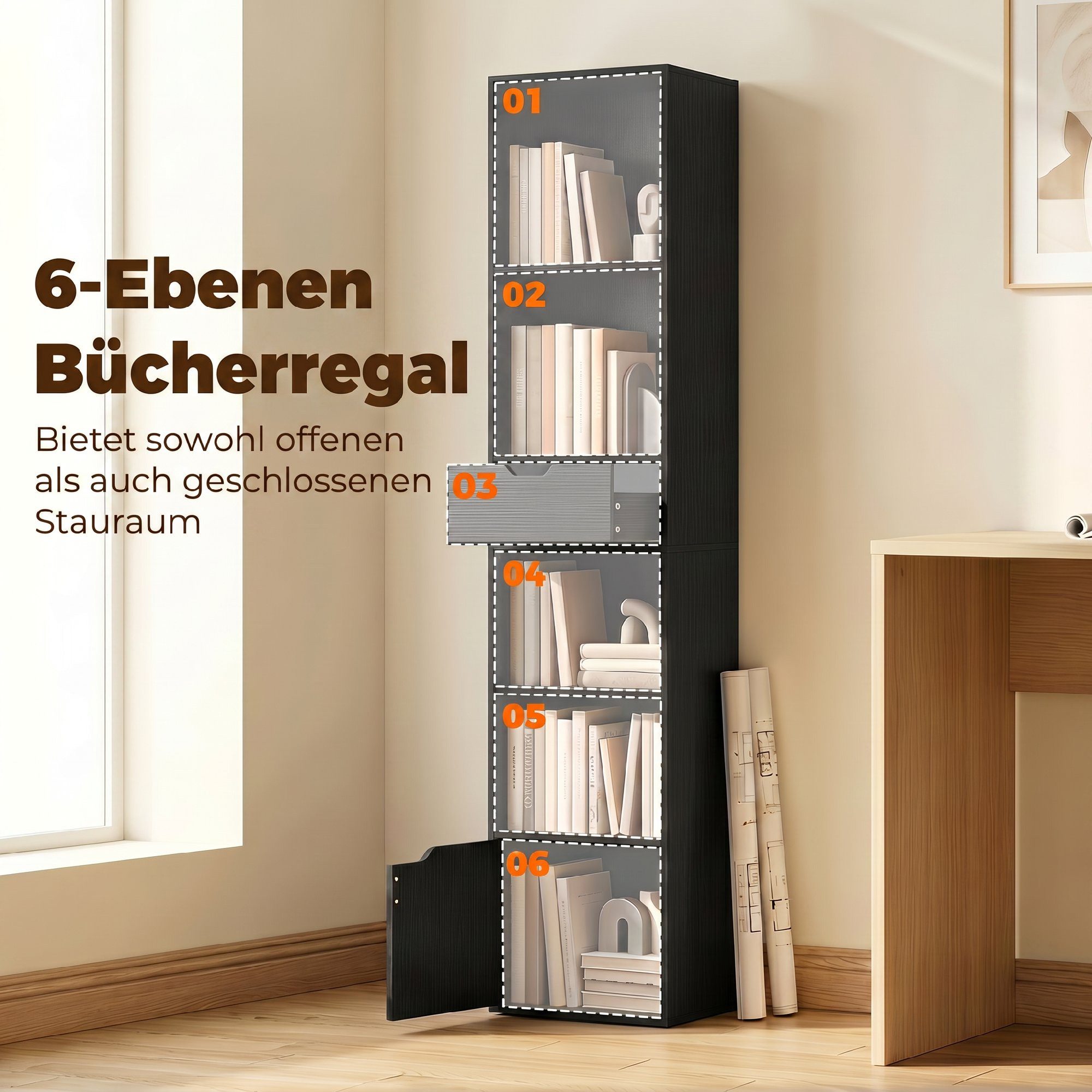 HOMCOM Bücherregal Büroregal mit 6 Ebenen, Set 1-tlg., Verstellbarer Boden, Kippschutz, Schublade – Bild 4 von 5