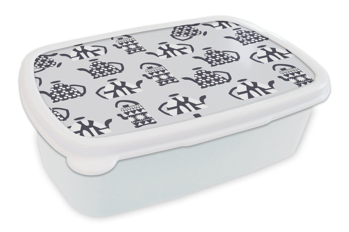 MuchoWow Lunchbox Teekanne - Muster - Tee, Kunststoff, (2-tlg), Brotbox für Kinder und Erwachsene, Brotdose, für Jungs und Mädchen weiß