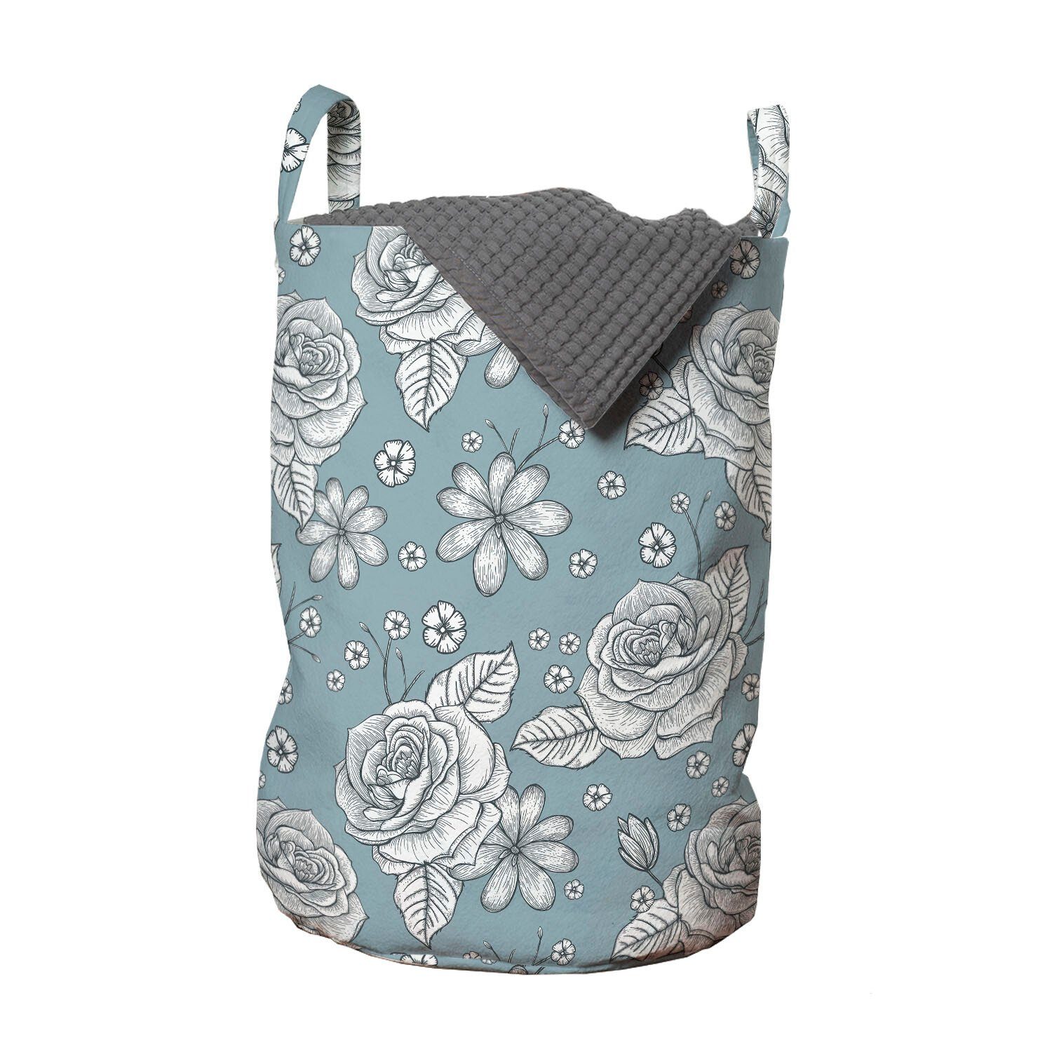 Abakuhaus Wäschesäckchen Wäschekorb mit Griffen Kordelzugverschluss für Waschsalons, Rose Retro gemalte Blüten auf Blau